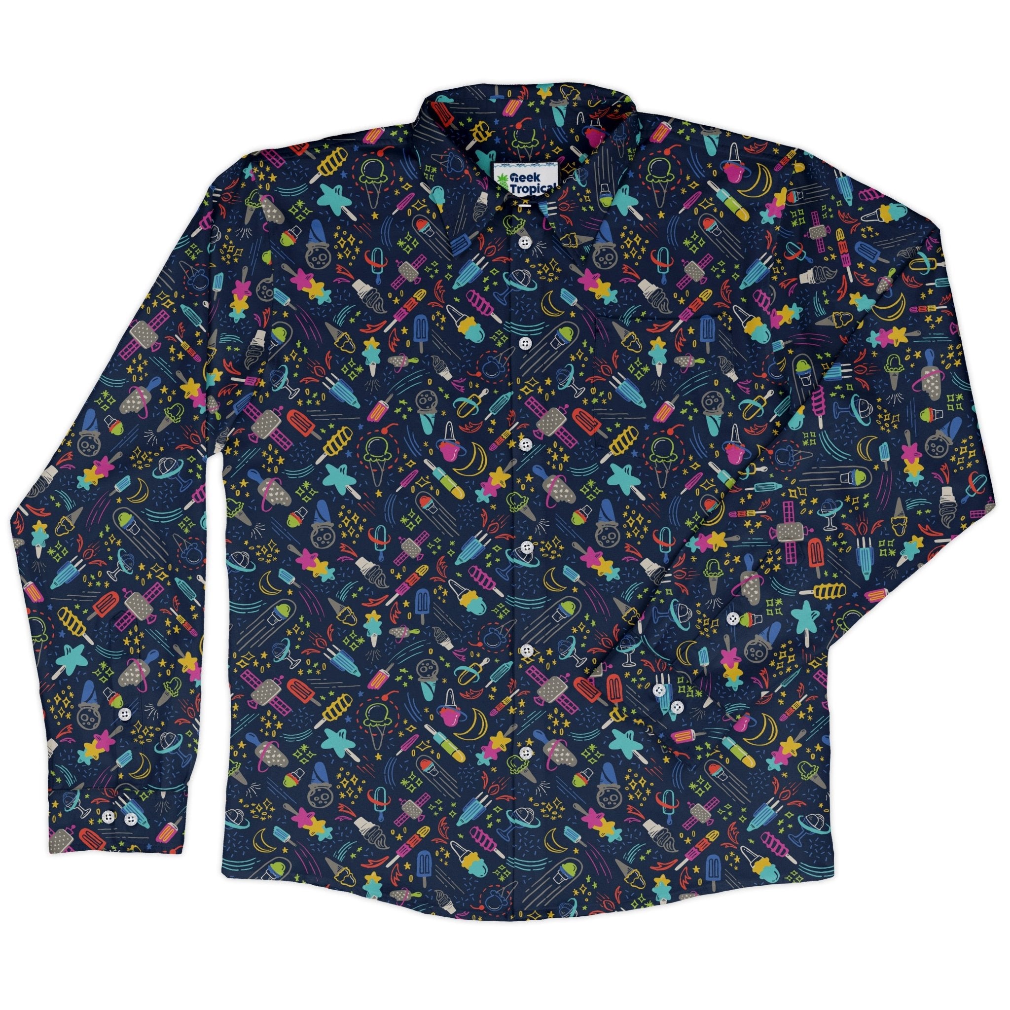 Galactic Ice Rocket Long Sleeve Button Up Shirt Geek Nerd adult sizing Design by Zirkus Design FLOW DESC WRITING