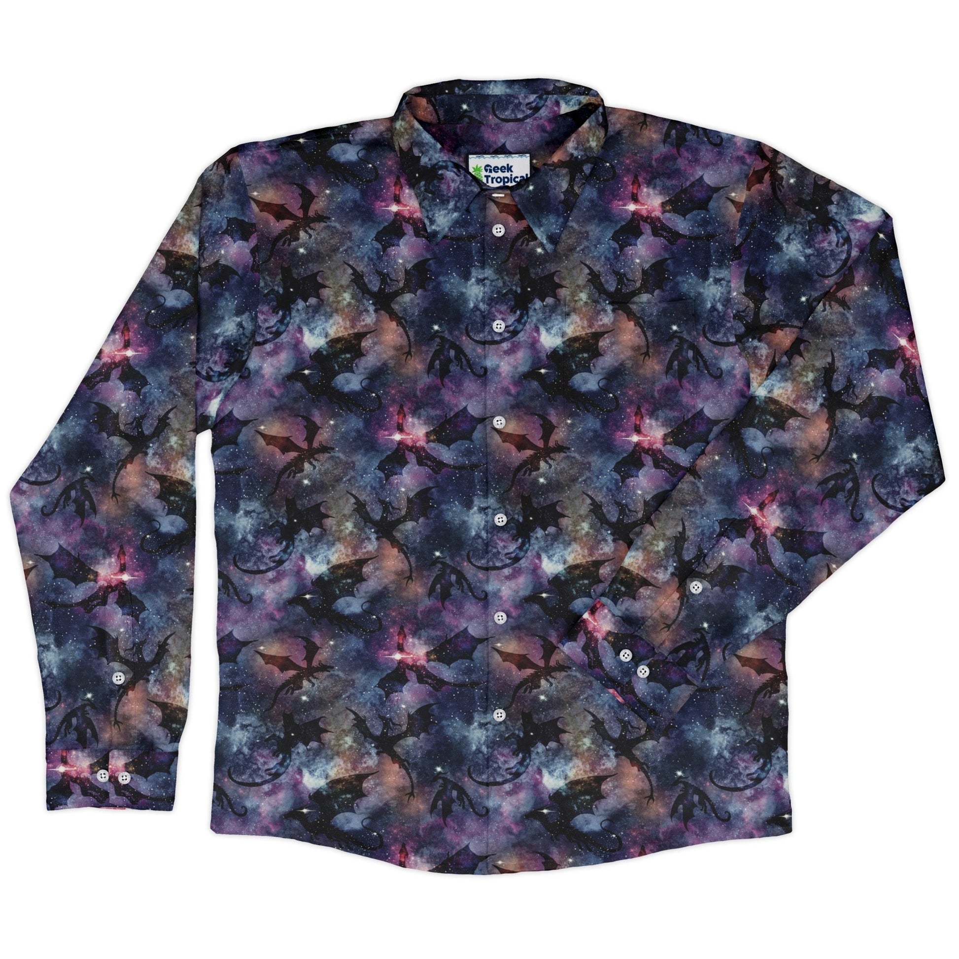 Galaxy Dragons Purple Long Sleeve Button Up Shirt Geek Nerd 0925 adult sizing All Adult Button Up Shirts