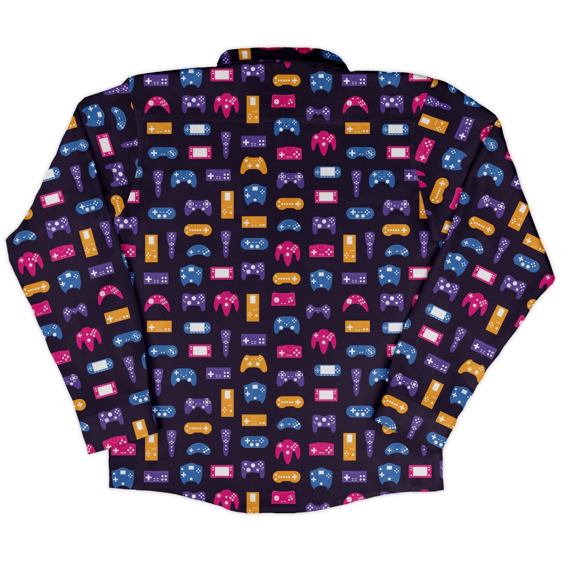 Game Controllers Purple Video Game Long Sleeve Button Up Shirt Geek Nerd adult sizing FLOW DESC WRITING video game arcade print