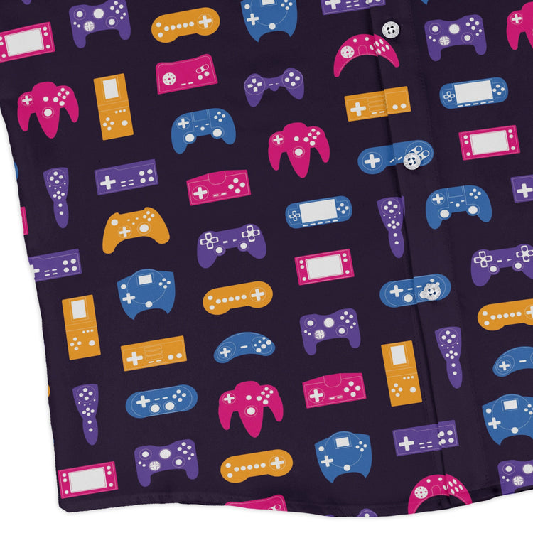 Game Controllers Purple Video Game Long Sleeve Button Up Shirt Geek Nerd adult sizing FLOW DESC WRITING video game arcade print