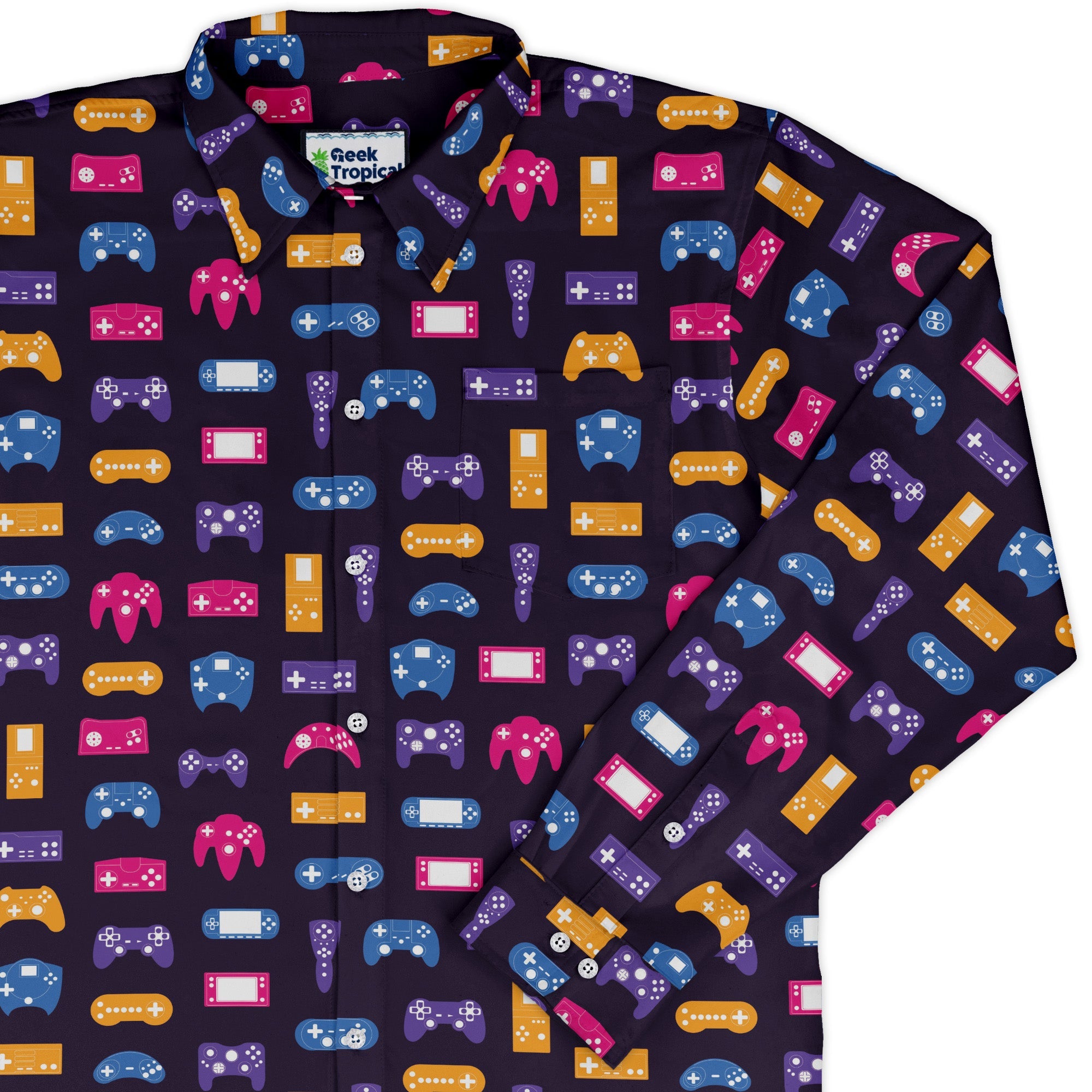 Game Controllers Purple Video Game Long Sleeve Button Up Shirt Geek Nerd adult sizing FLOW DESC WRITING video game arcade print