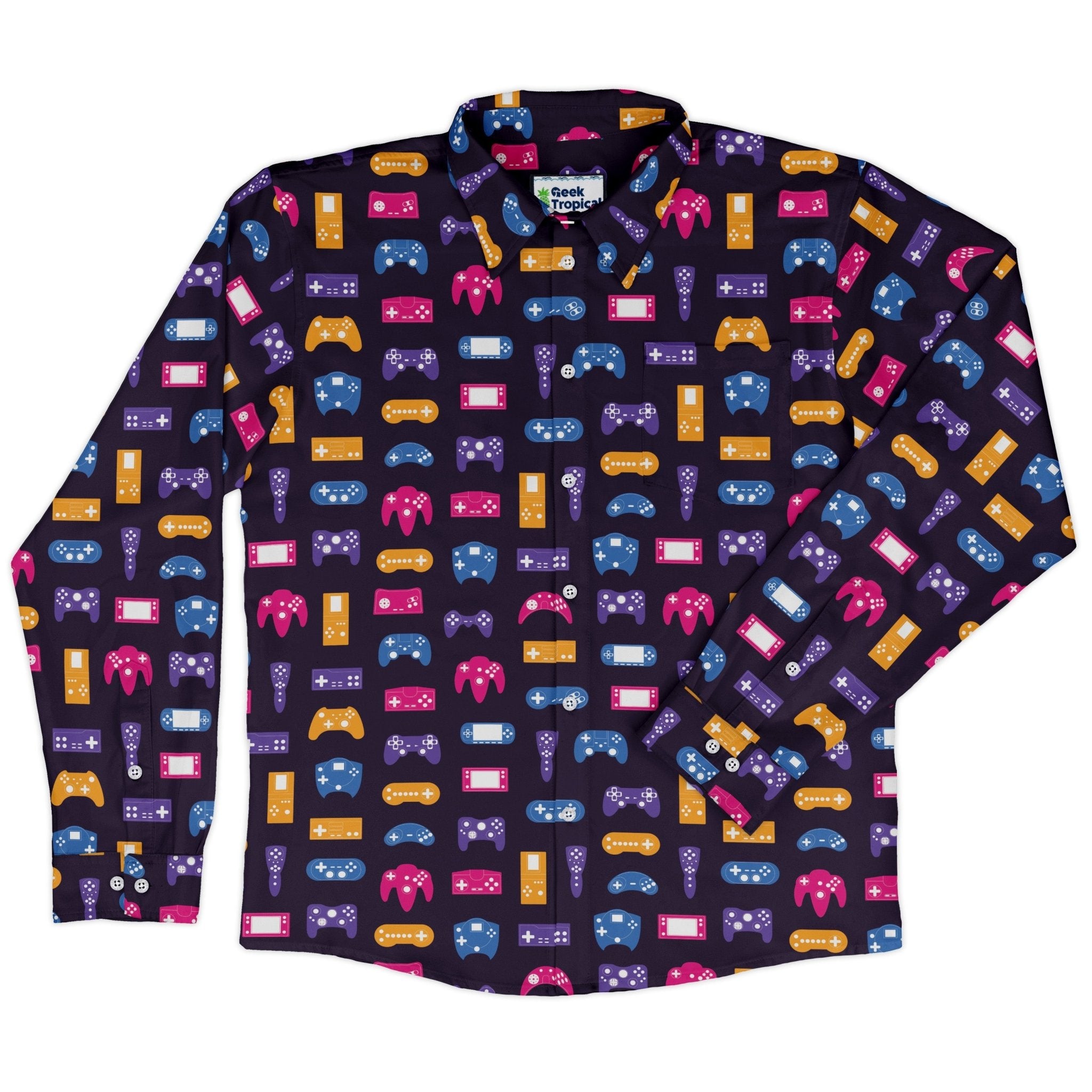 Game Controllers Purple Video Game Long Sleeve Button Up Shirt Geek Nerd adult sizing FLOW DESC WRITING video game arcade print