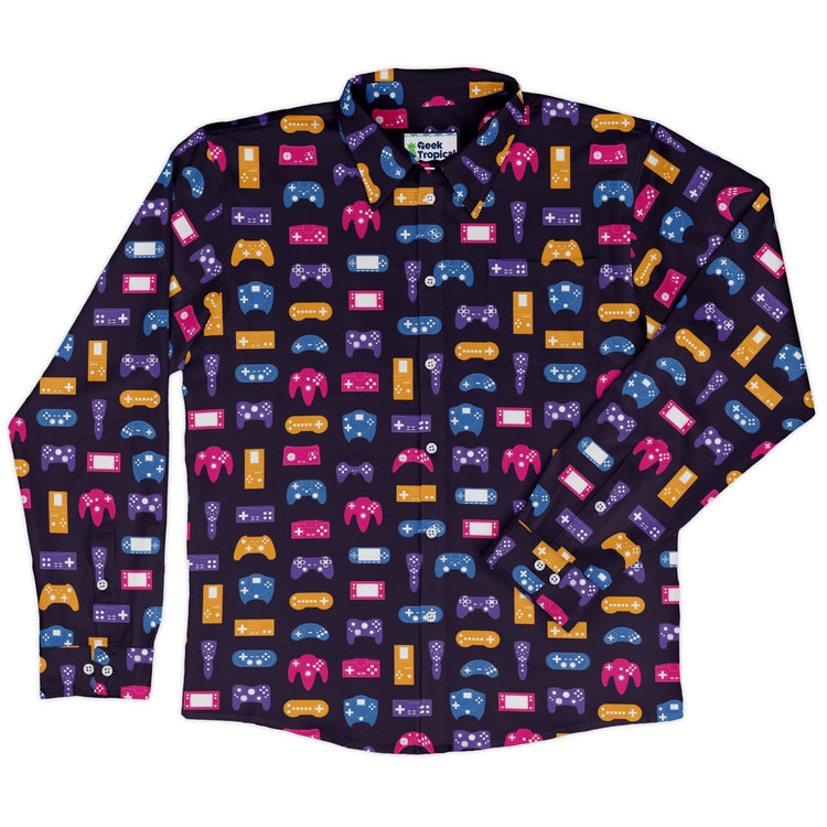 Game Controllers Purple Video Game Long Sleeve Button Up Shirt Geek Nerd adult sizing FLOW DESC WRITING video game arcade print