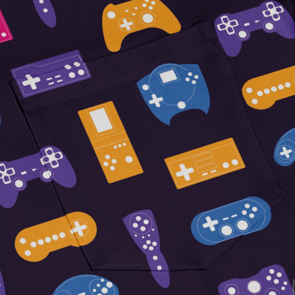 Game Controllers Purple Video Game Long Sleeve Button Up Shirt Geek Nerd adult sizing FLOW DESC WRITING video game arcade print