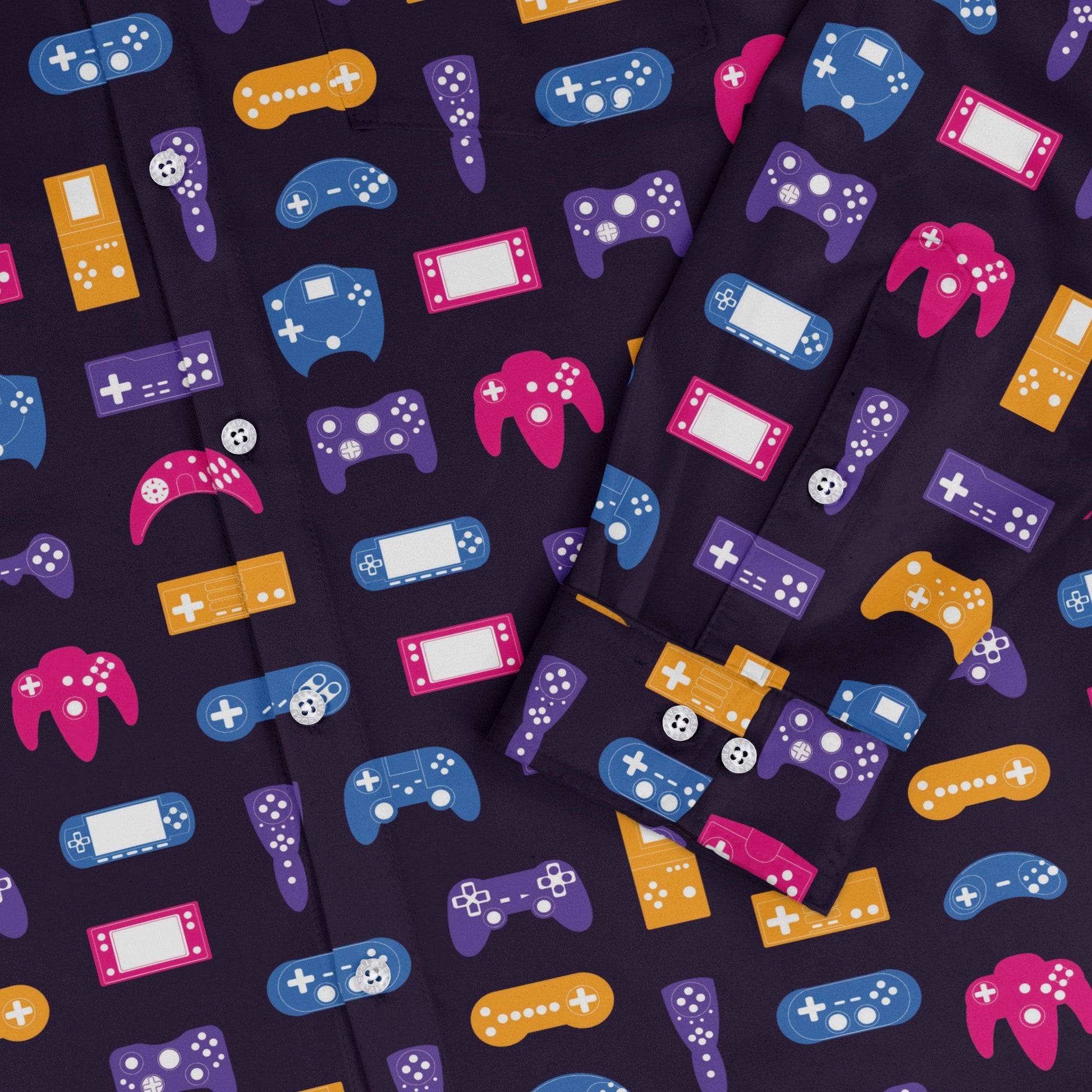 Game Controllers Purple Video Game Long Sleeve Button Up Shirt Geek Nerd adult sizing FLOW DESC WRITING video game arcade print