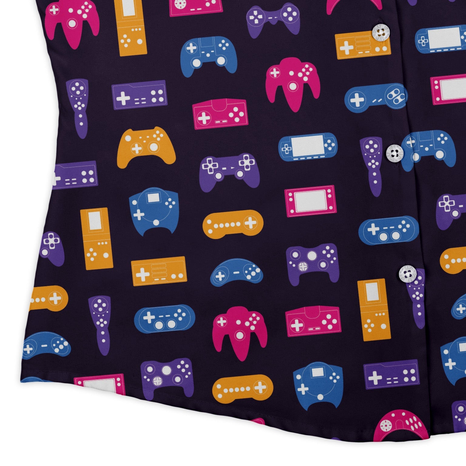 Game Controllers Purple Video Game Curvy Button Up Shirt Geek Nerd video game arcade print women