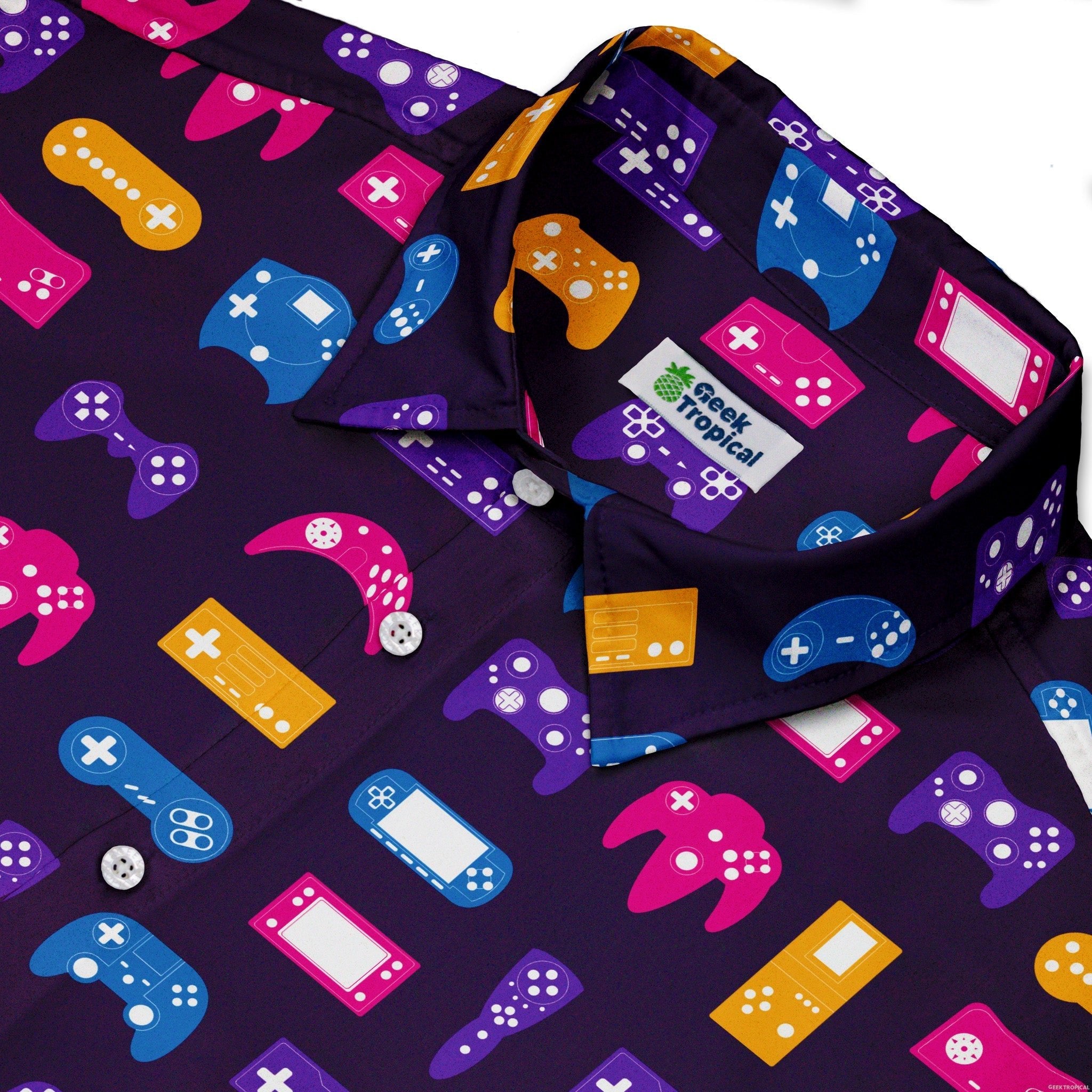 Game Controllers Purple Video Game Button Up Shirt - adult sizing - video game arcade print -