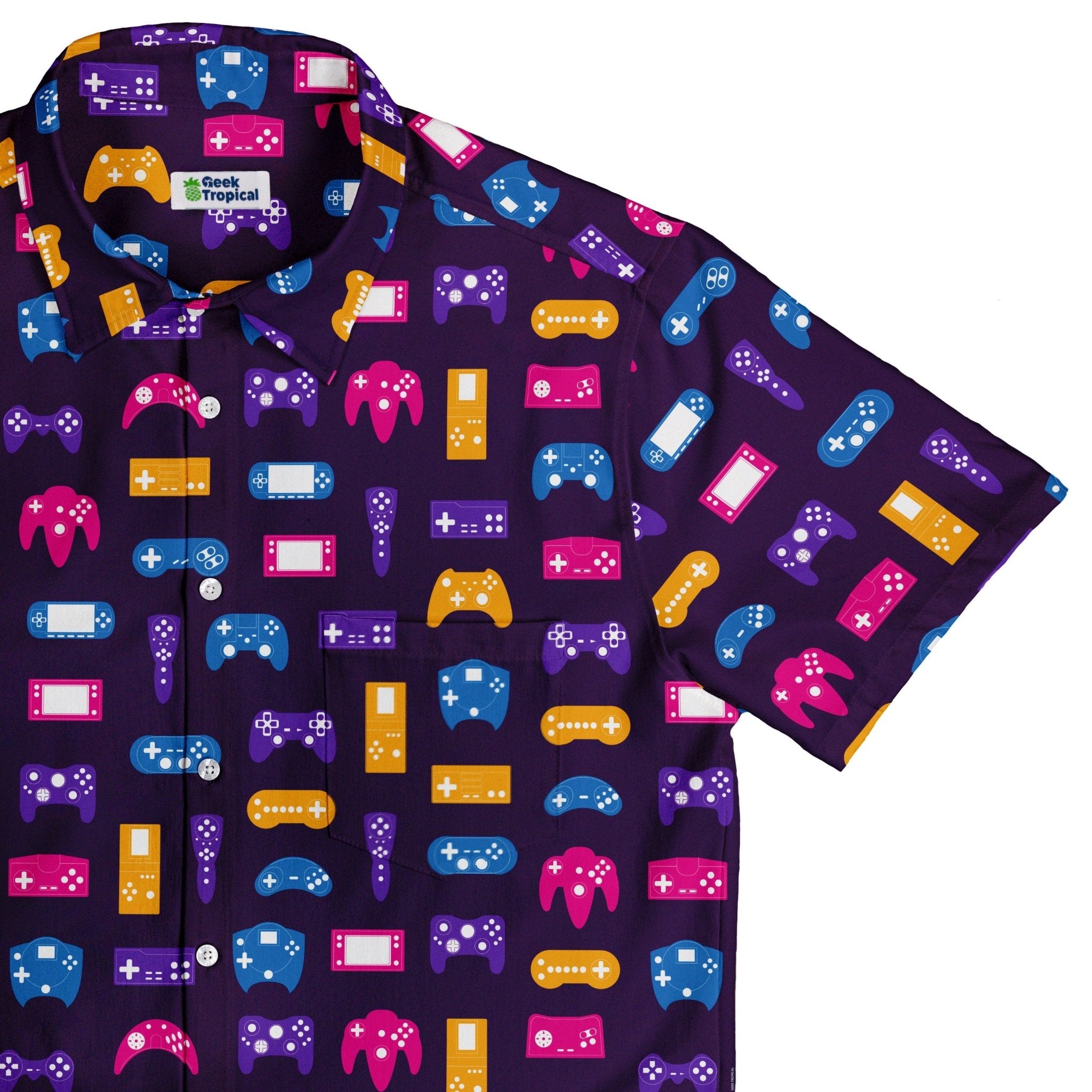 Game Controllers Purple Video Game Button Up Shirt - adult sizing - video game arcade print -