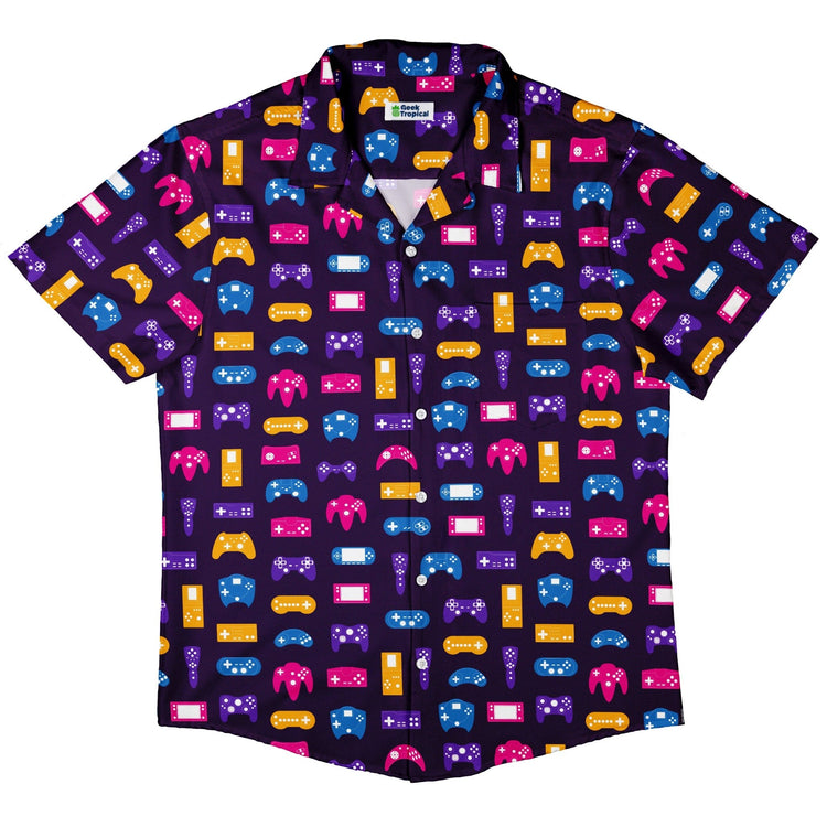 Game Controllers Purple Video Game Button Up Shirt - adult sizing - video game arcade print -