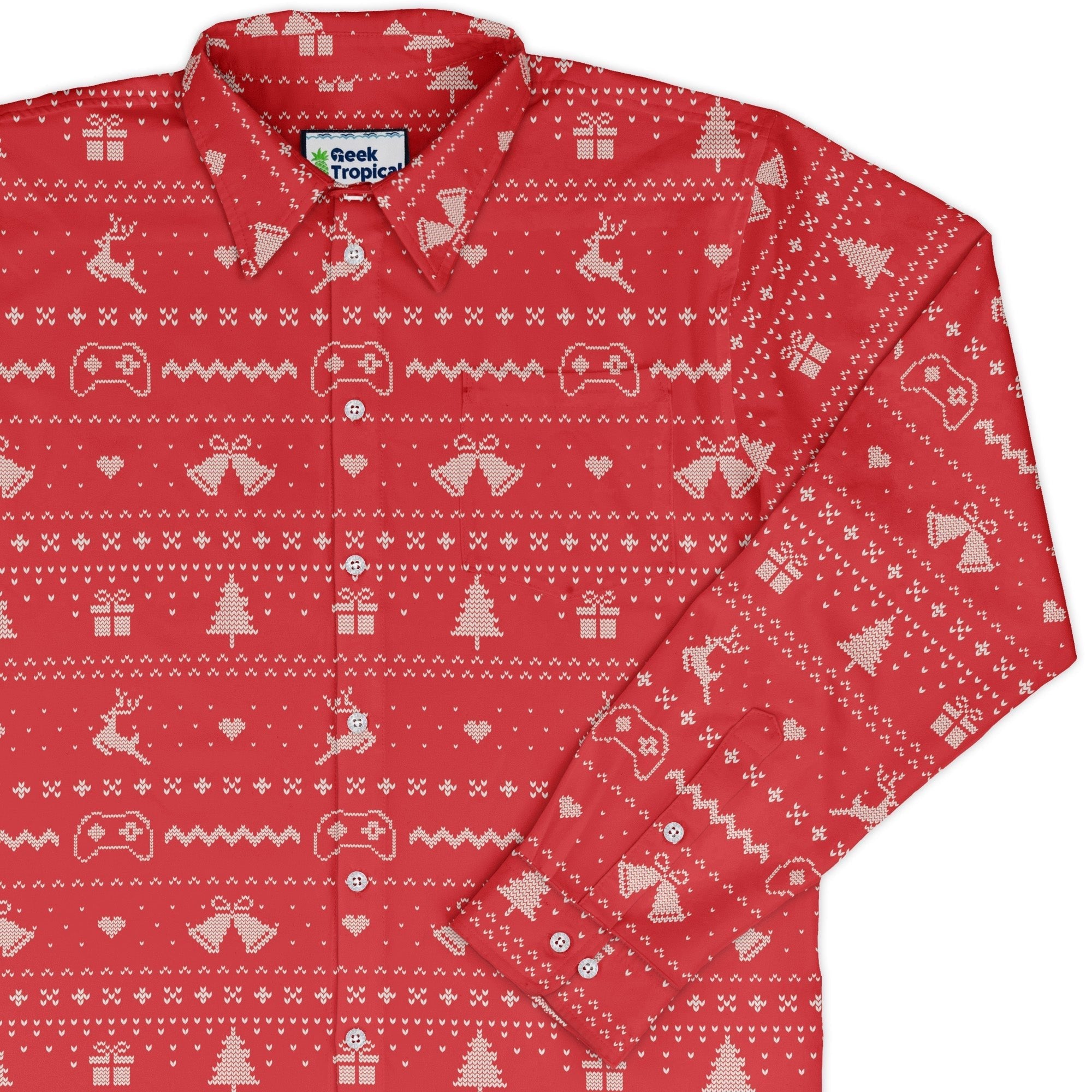 Gamer Christmas Sweater Long Sleeve Button Up Shirt Geek Nerd adult sizing Christmas Print Design by Tobe Fonseca