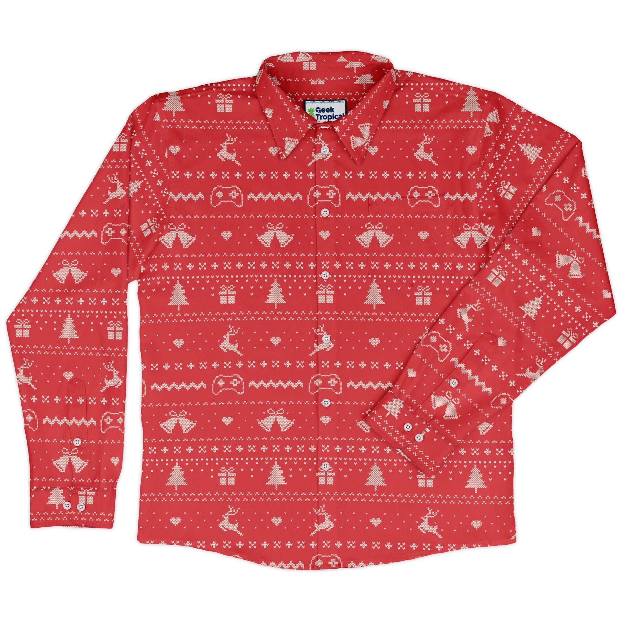 Gamer Christmas Sweater Long Sleeve Button Up Shirt Geek Nerd adult sizing Christmas Print Design by Tobe Fonseca