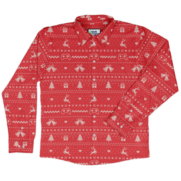 Gamer Christmas Sweater Long Sleeve Button Up Shirt Geek Nerd adult sizing Christmas Print Design by Tobe Fonseca
