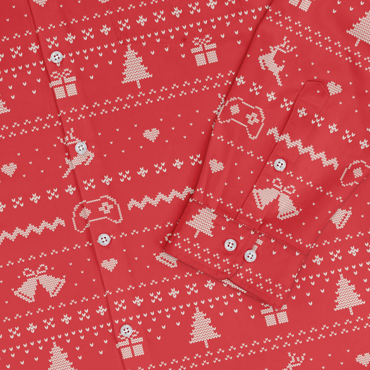 Gamer Christmas Sweater Long Sleeve Button Up Shirt Geek Nerd adult sizing Christmas Print Design by Tobe Fonseca