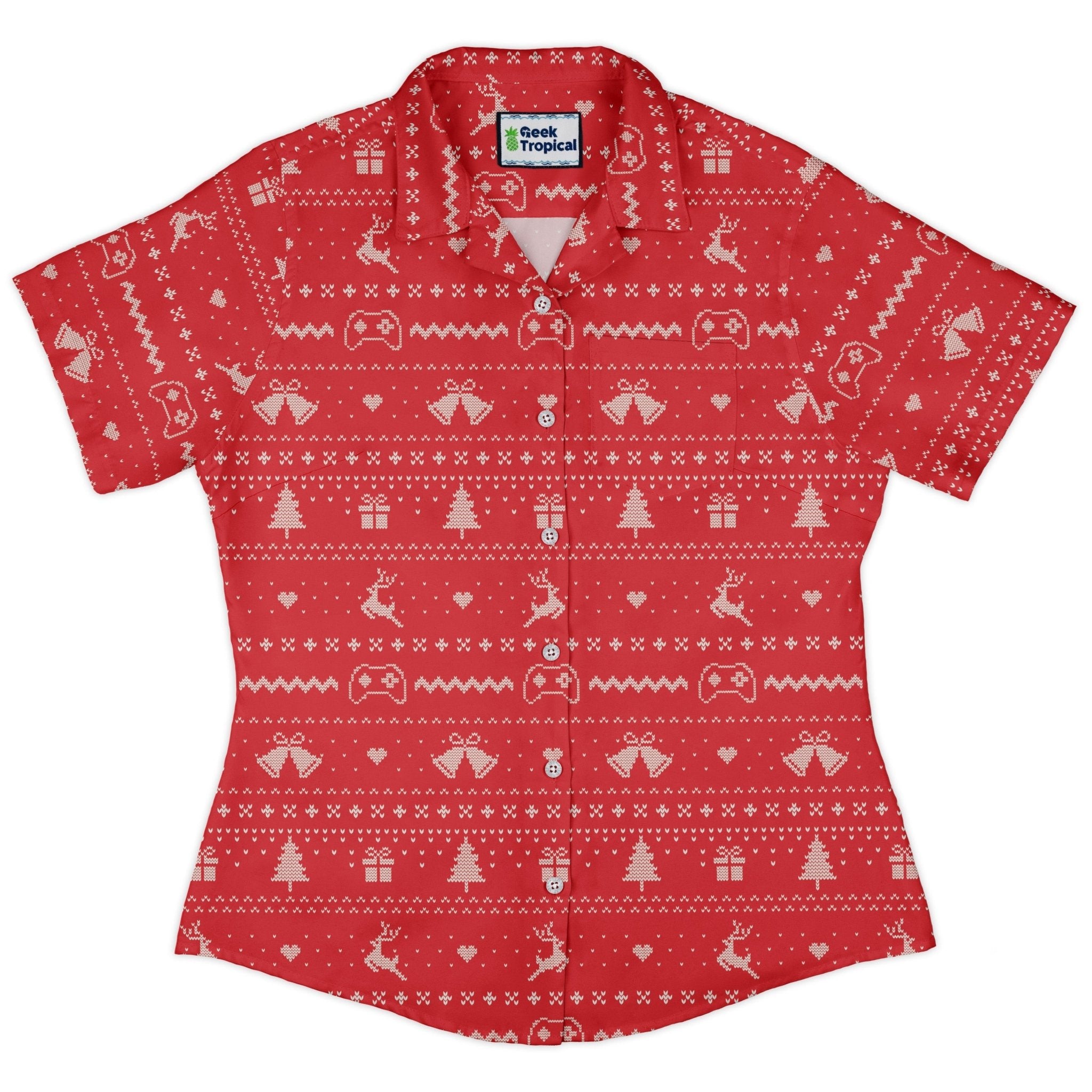 Gamer Christmas Sweater Curvy Button Up Shirt Geek Nerd Christmas Print Design by Tobe Fonseca q4