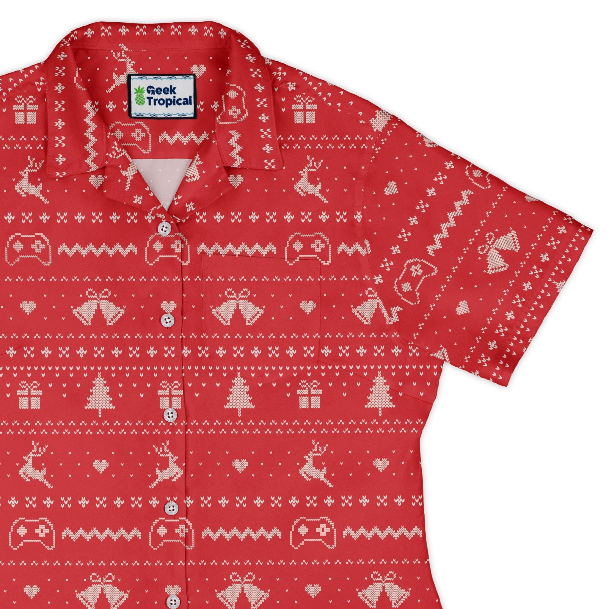 Gamer Christmas Sweater Curvy Button Up Shirt Geek Nerd Christmas Print Design by Tobe Fonseca q4