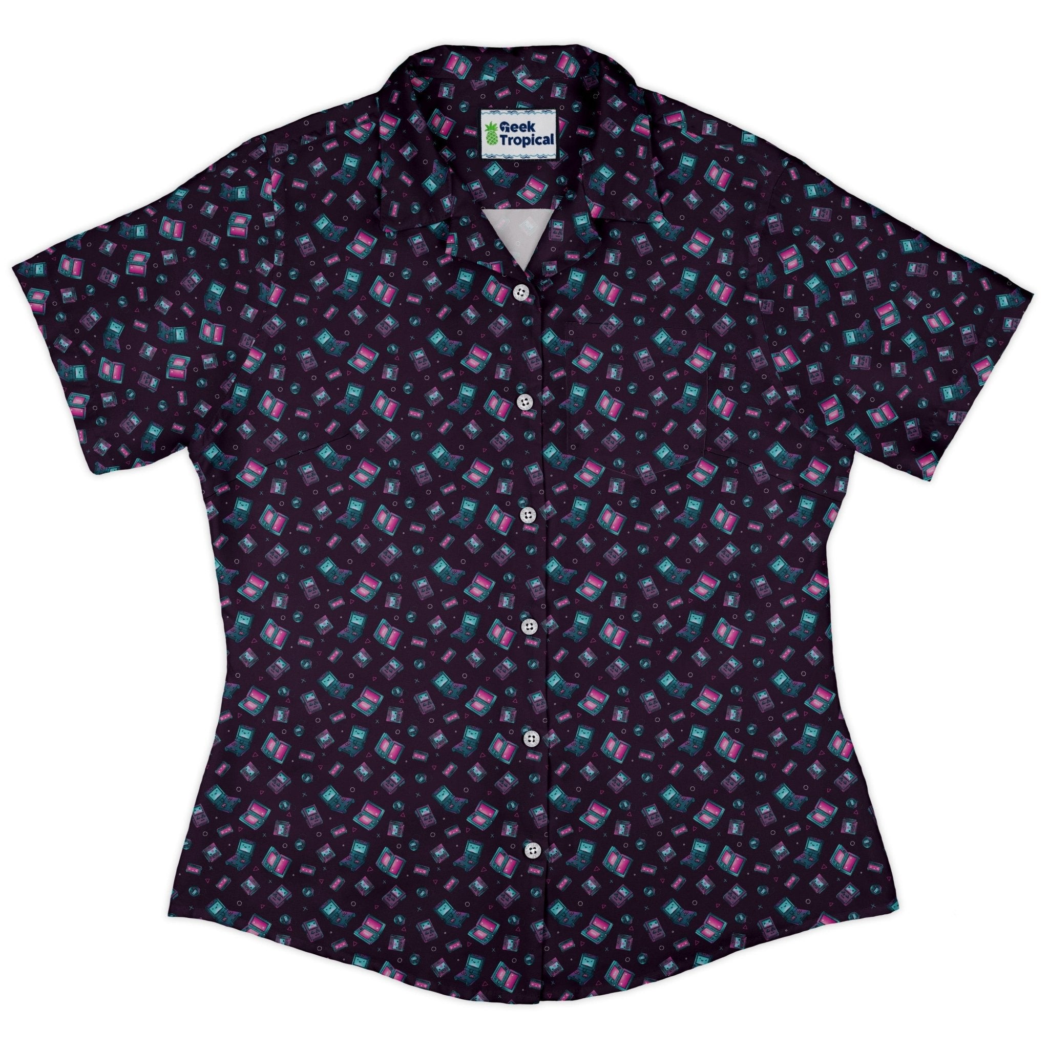 Gaming Consoles Anime Purple Curvy Button Up Shirt Geek Nerd Design by Ardi Tong q225 video game arcade print