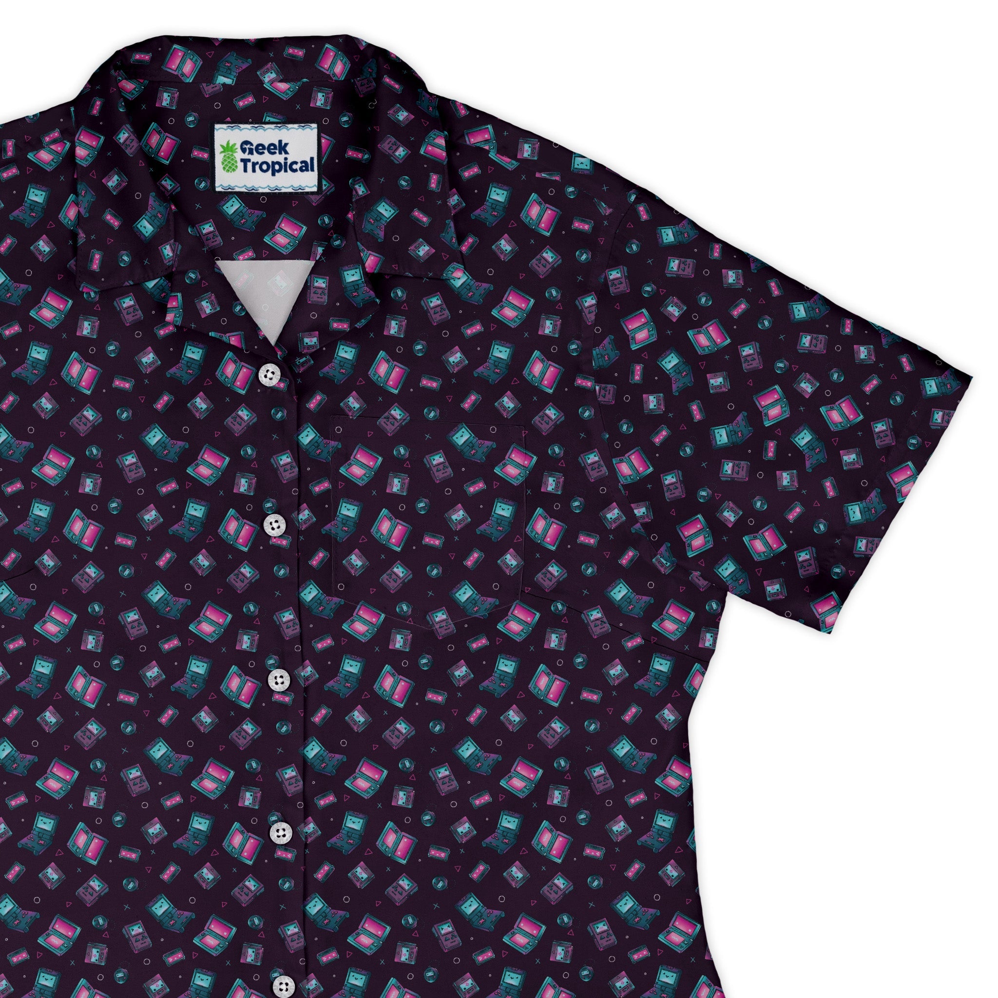 Gaming Consoles Anime Purple Curvy Button Up Shirt Geek Nerd Design by Ardi Tong q225 video game arcade print
