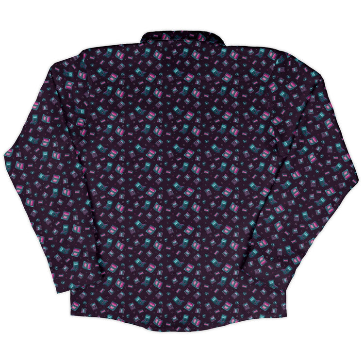 Gaming Consoles Anime Purple Long Sleeve Button Up Shirt Geek Nerd adult sizing Design by Ardi Tong FLOW DESC WRITING