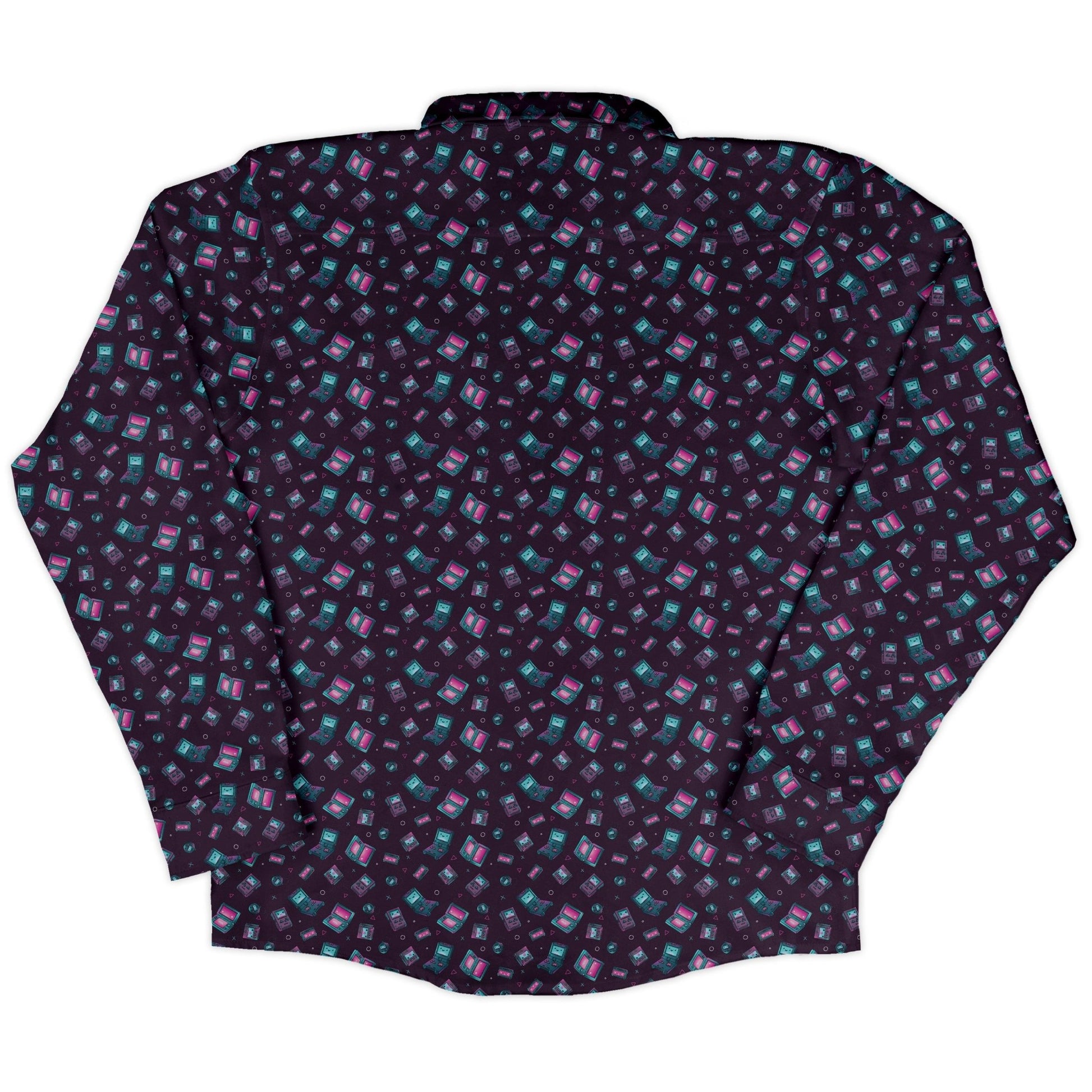 Gaming Consoles Anime Purple Long Sleeve Button Up Shirt Geek Nerd adult sizing Design by Ardi Tong FLOW DESC WRITING