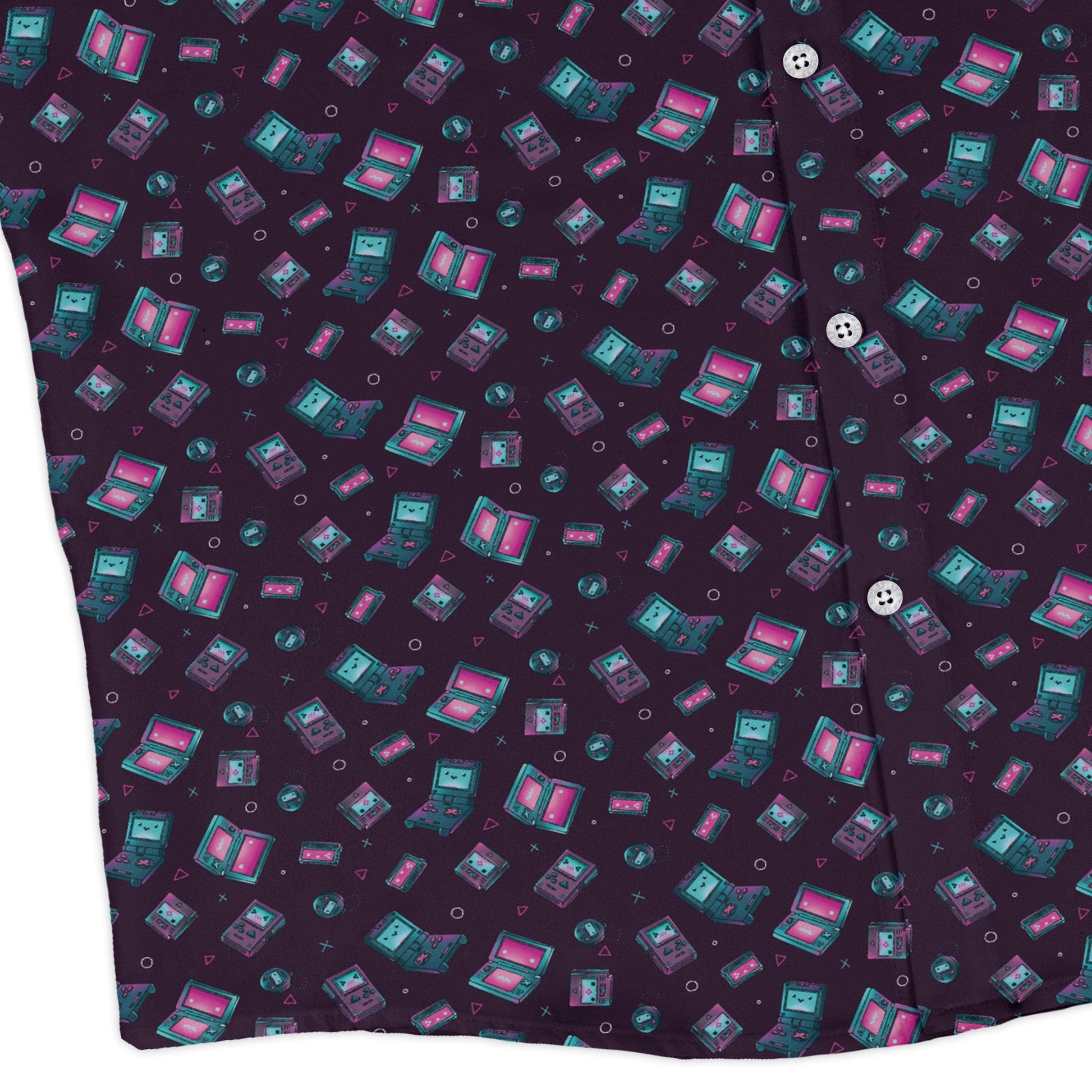 Gaming Consoles Anime Purple Long Sleeve Button Up Shirt Geek Nerd adult sizing Design by Ardi Tong FLOW DESC WRITING