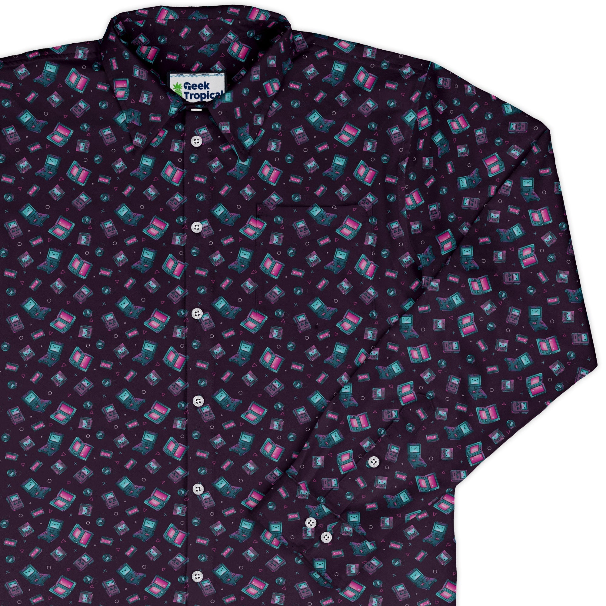 Gaming Consoles Anime Purple Long Sleeve Button Up Shirt Geek Nerd adult sizing Design by Ardi Tong FLOW DESC WRITING