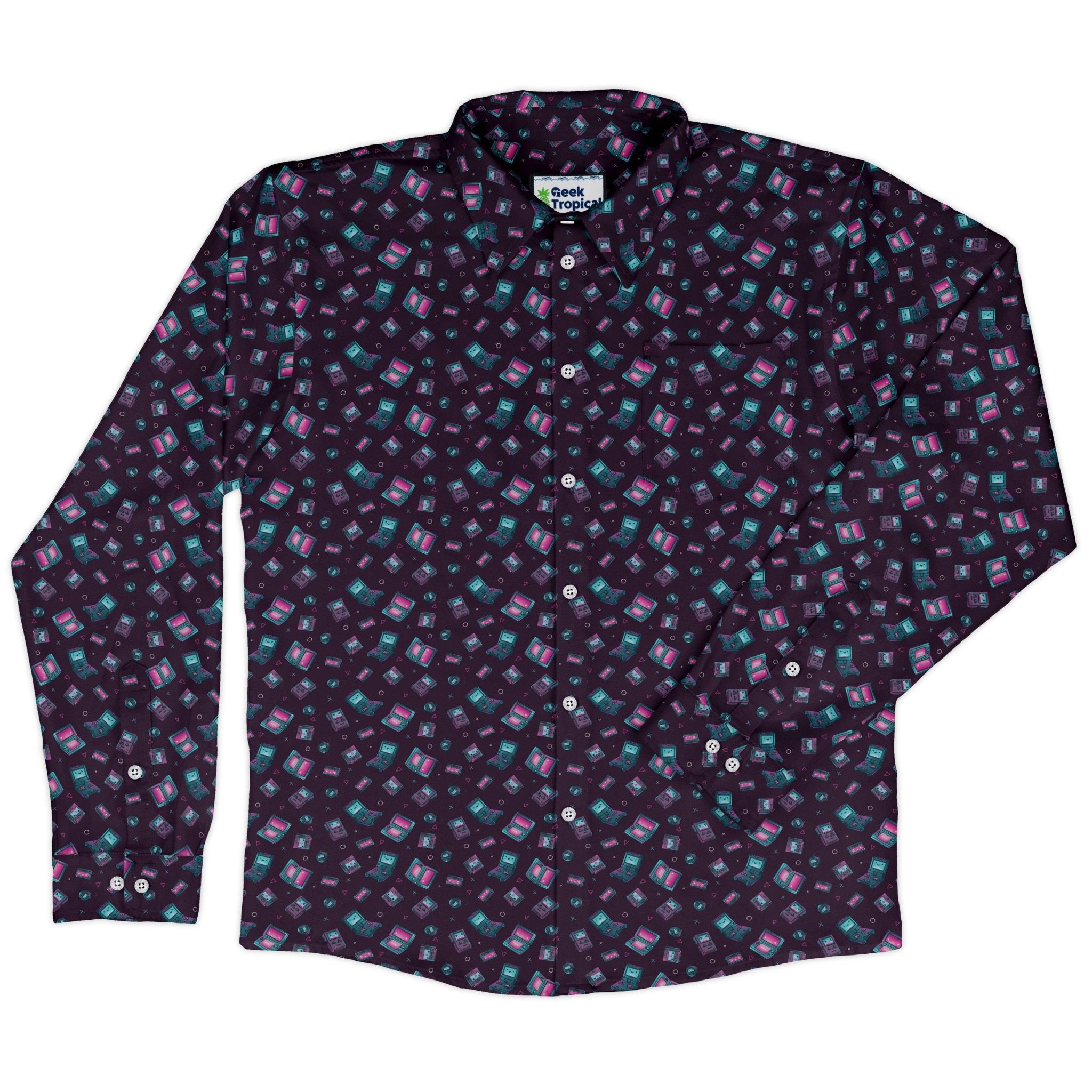 Gaming Consoles Anime Purple Long Sleeve Button Up Shirt Geek Nerd adult sizing Design by Ardi Tong FLOW DESC WRITING