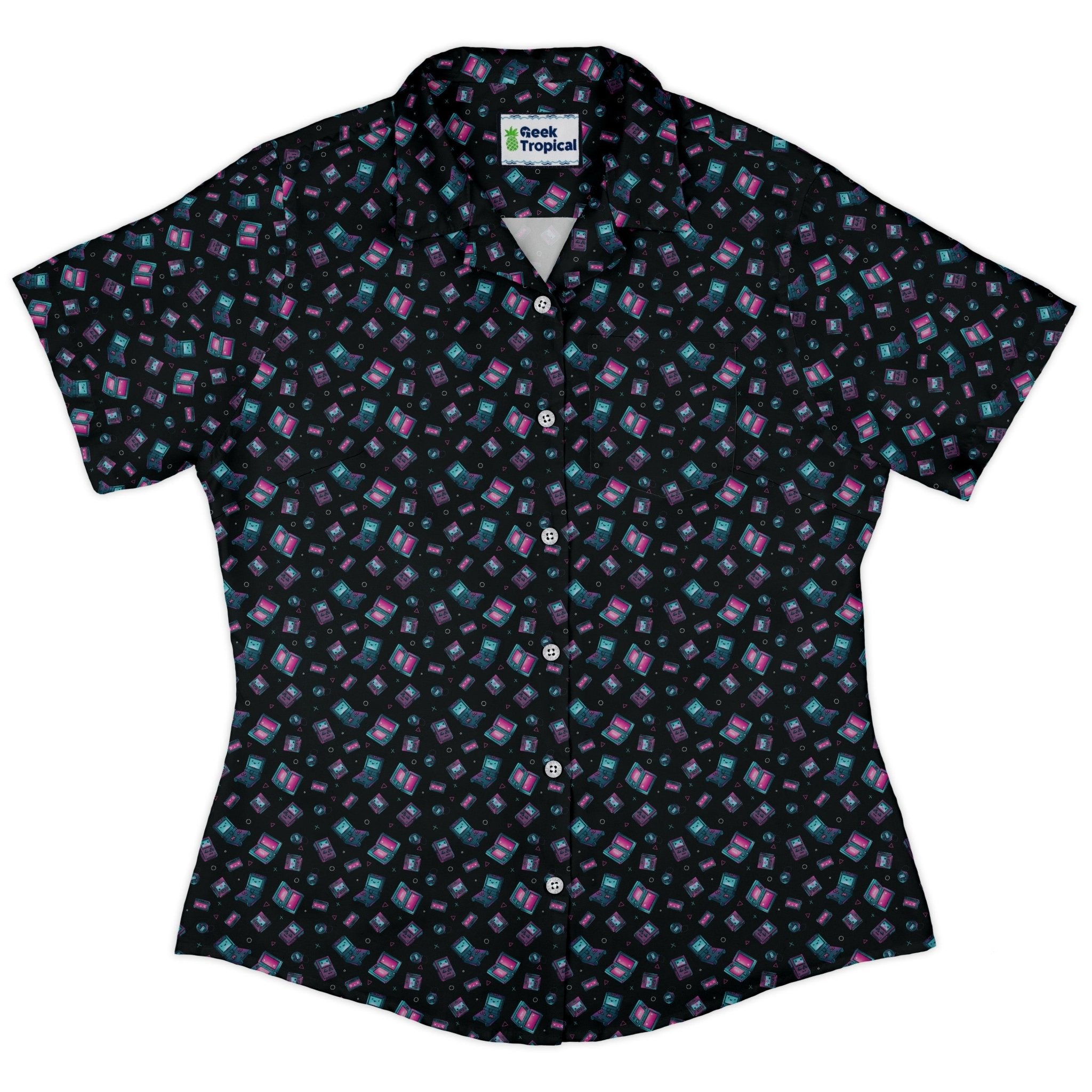 Gaming Consoles Anime Teal Curvy Button Up Shirt Geek Nerd Design by Ardi Tong q225 video game arcade print
