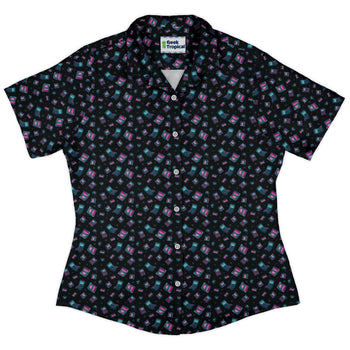 Gaming Consoles Anime Teal Curvy Button Up Shirt Geek Nerd Design by Ardi Tong q225 video game arcade print