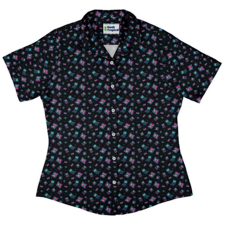 Gaming Consoles Anime Teal Curvy Button Up Shirt Geek Nerd Design by Ardi Tong q225 video game arcade print