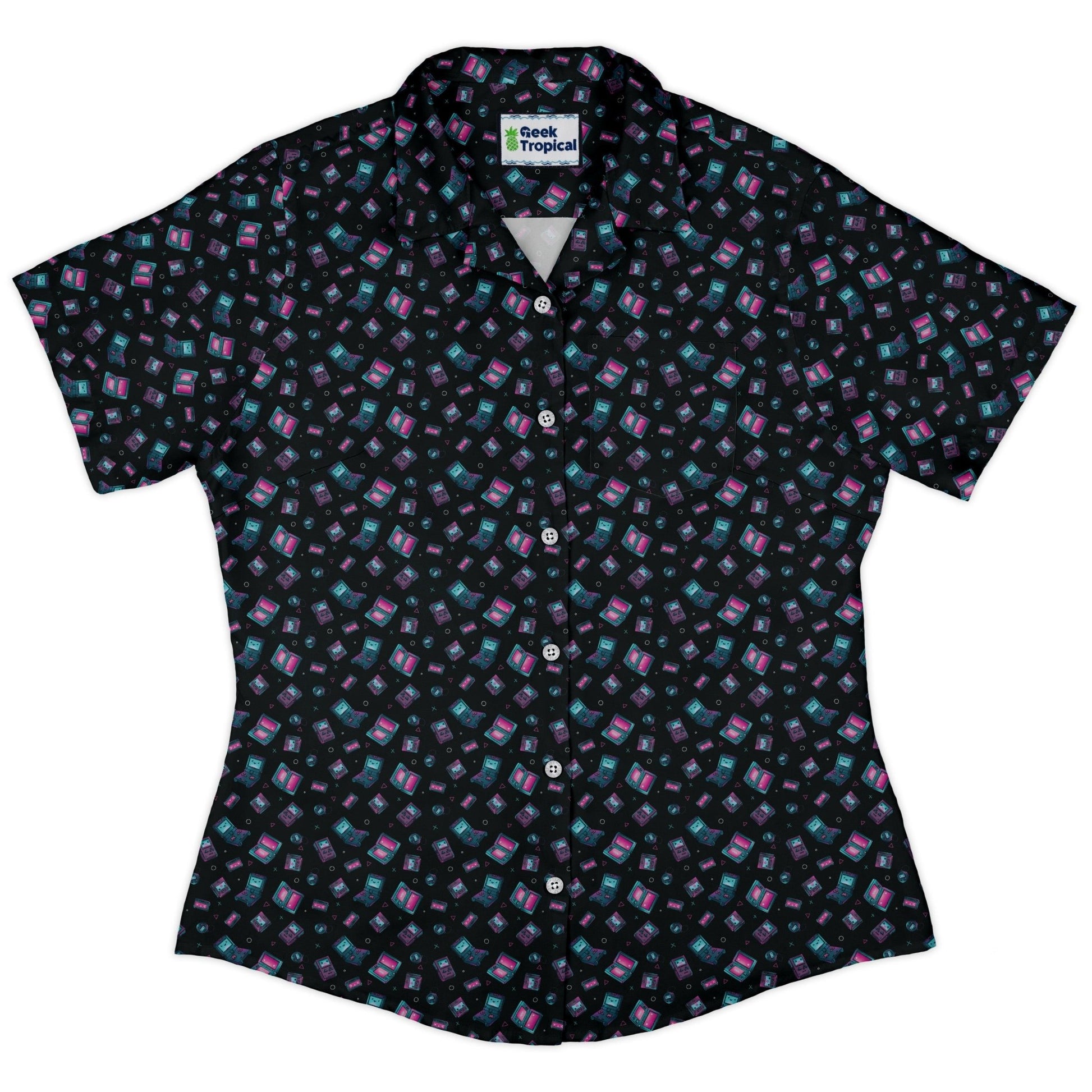 Gaming Consoles Anime Teal Curvy Button Up Shirt Geek Nerd Design by Ardi Tong q225 video game arcade print
