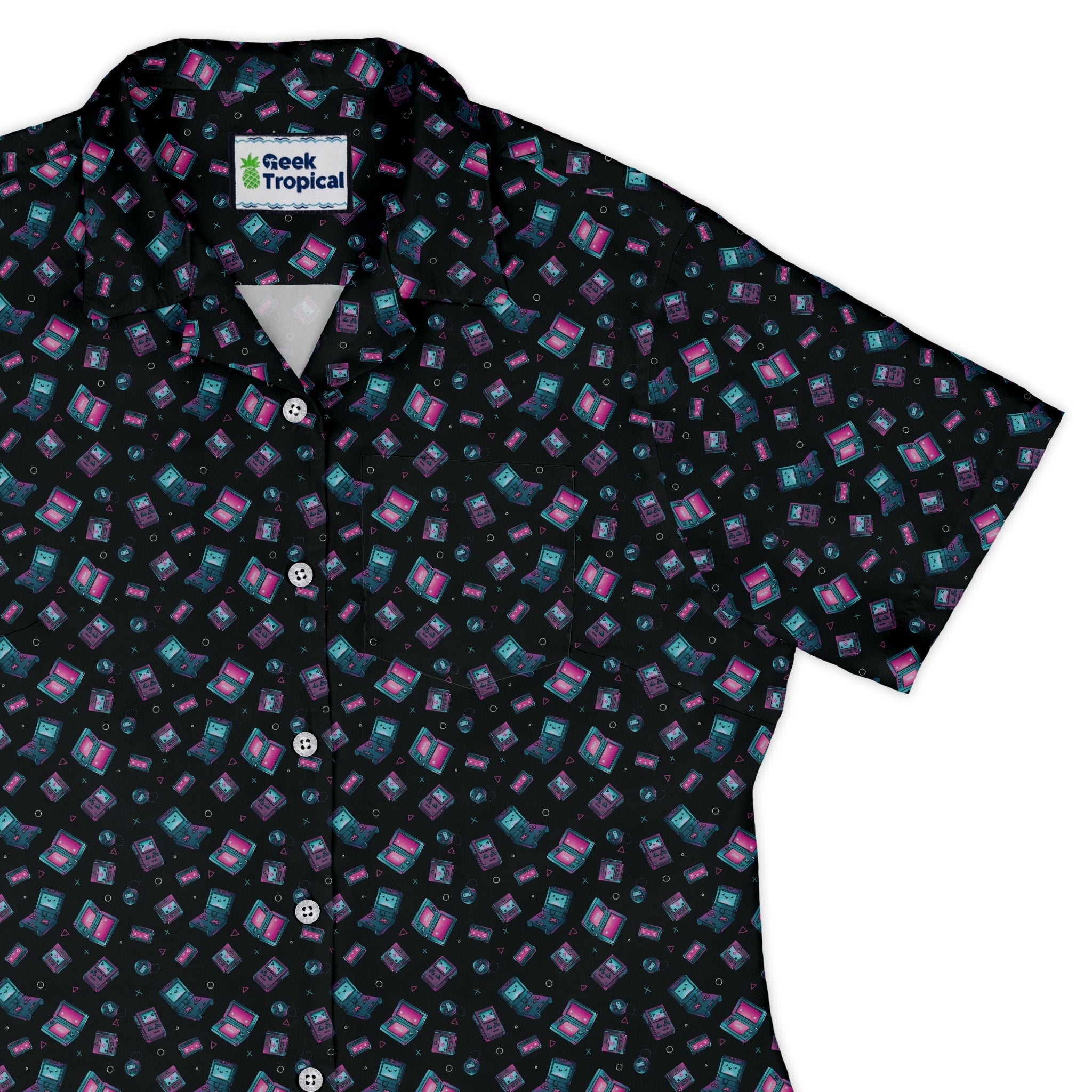 Gaming Consoles Anime Teal Curvy Button Up Shirt Geek Nerd Design by Ardi Tong q225 video game arcade print