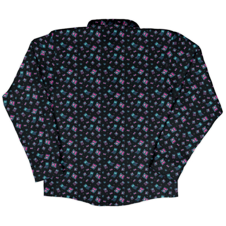 Gaming Consoles Anime Teal Long Sleeve Button Up Shirt Geek Nerd adult sizing Design by Ardi Tong FLOW DESC WRITING