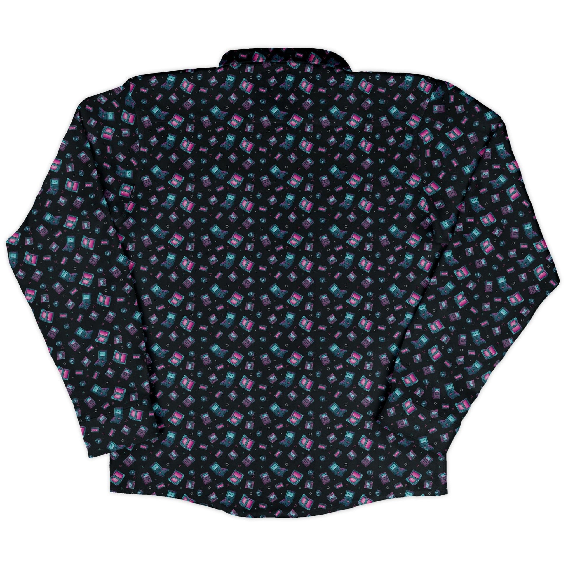 Gaming Consoles Anime Teal Long Sleeve Button Up Shirt Geek Nerd adult sizing Design by Ardi Tong FLOW DESC WRITING