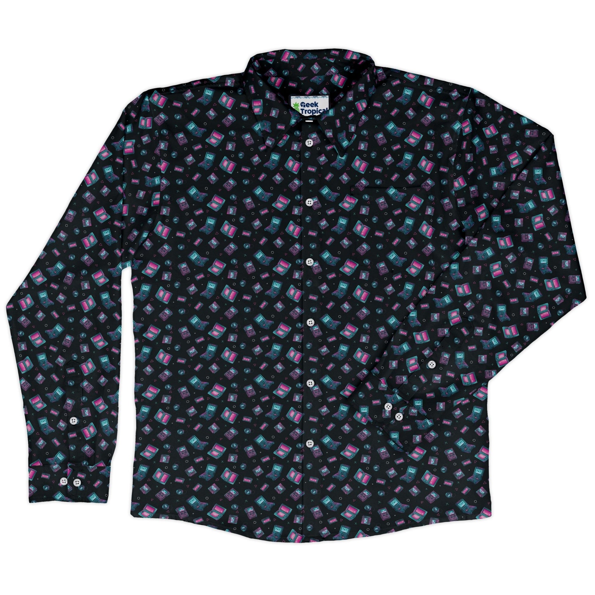 Gaming Consoles Anime Teal Long Sleeve Button Up Shirt Geek Nerd adult sizing Design by Ardi Tong FLOW DESC WRITING