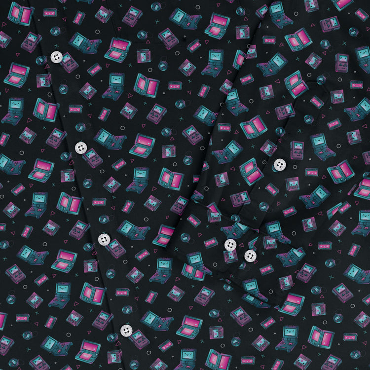Gaming Consoles Anime Teal Long Sleeve Button Up Shirt Geek Nerd adult sizing Design by Ardi Tong FLOW DESC WRITING