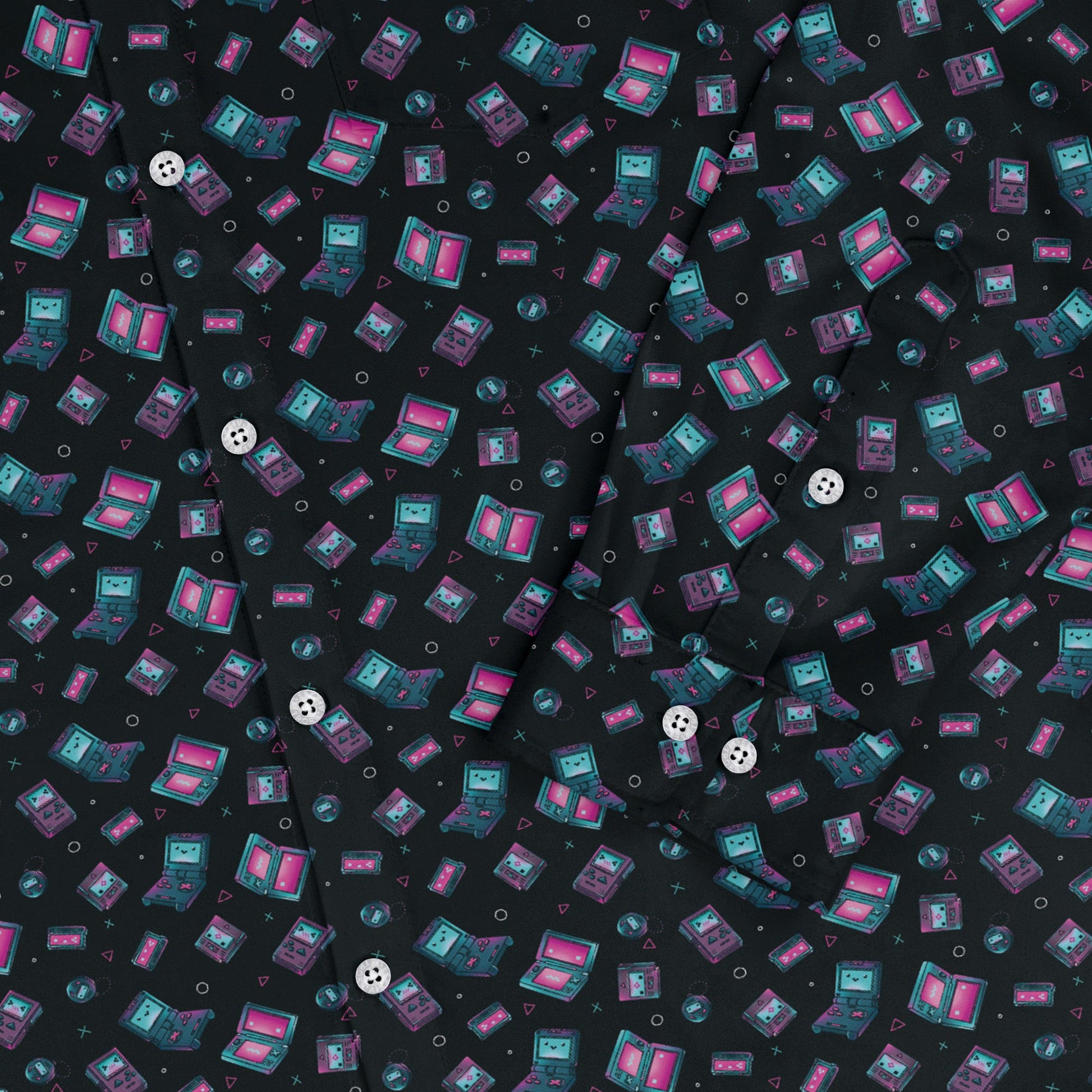 Gaming Consoles Anime Teal Long Sleeve Button Up Shirt Geek Nerd adult sizing Design by Ardi Tong FLOW DESC WRITING