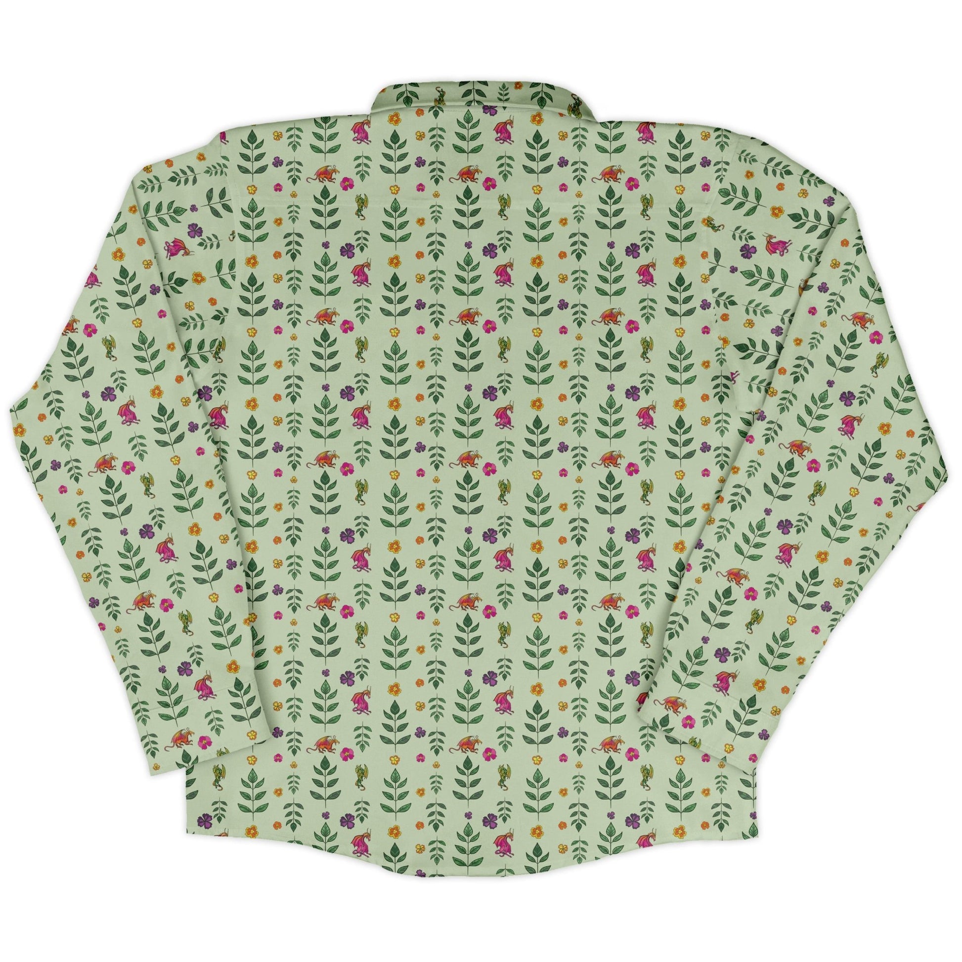 Garden Dragons Fantasy Long Sleeve Button Up Shirt Geek Nerd adult sizing Designed by Rose Khan Fantasy Prints