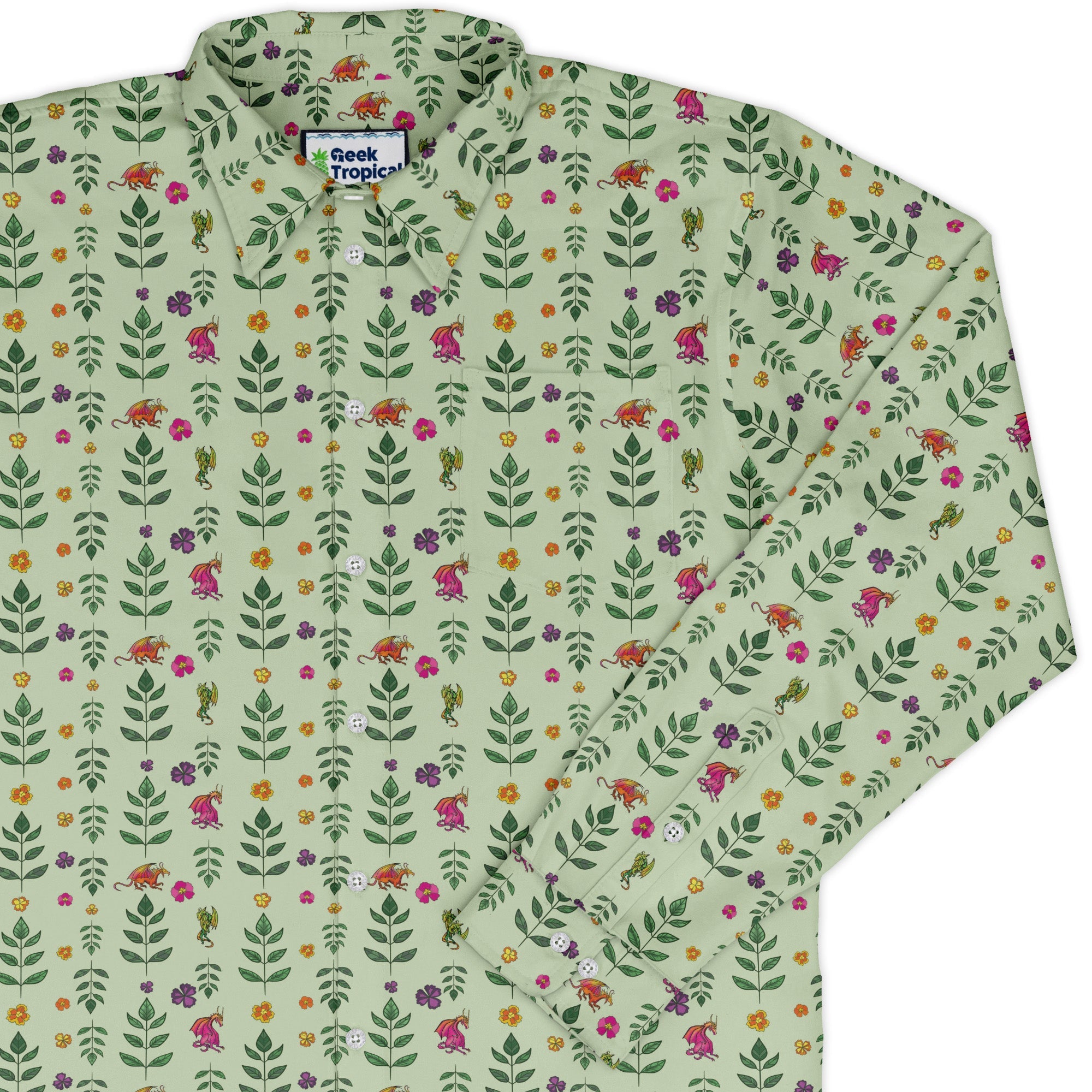 Garden Dragons Fantasy Long Sleeve Button Up Shirt Geek Nerd adult sizing Designed by Rose Khan Fantasy Prints