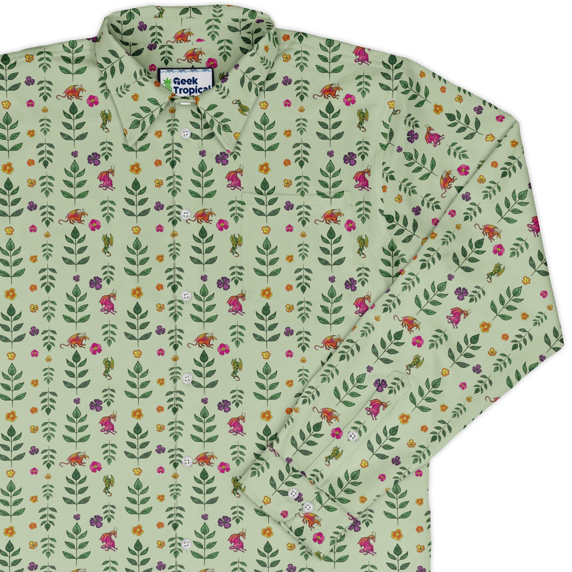 Garden Dragons Fantasy Long Sleeve Button Up Shirt Geek Nerd adult sizing Designed by Rose Khan Fantasy Prints