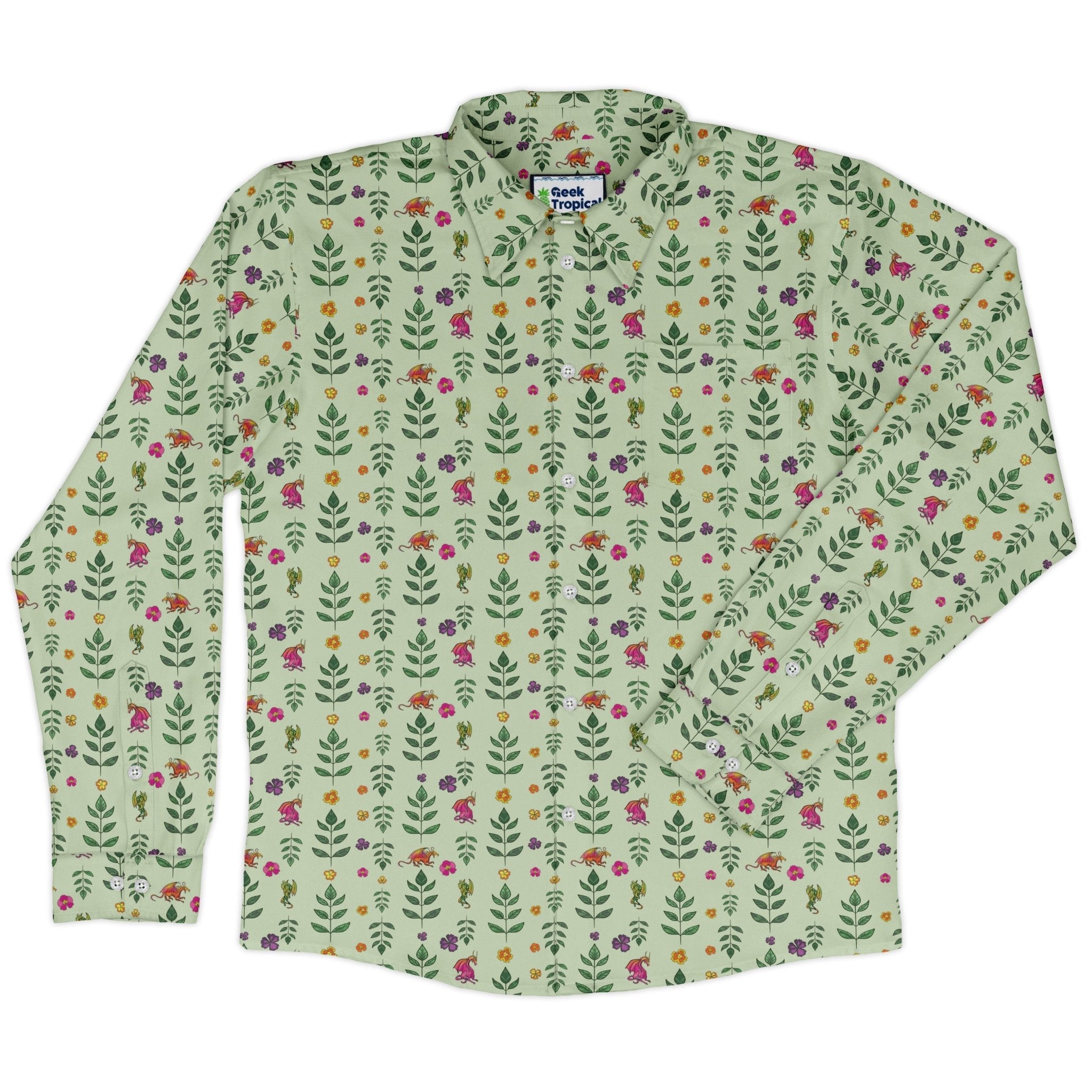 Garden Dragons Fantasy Long Sleeve Button Up Shirt Geek Nerd adult sizing Designed by Rose Khan Fantasy Prints