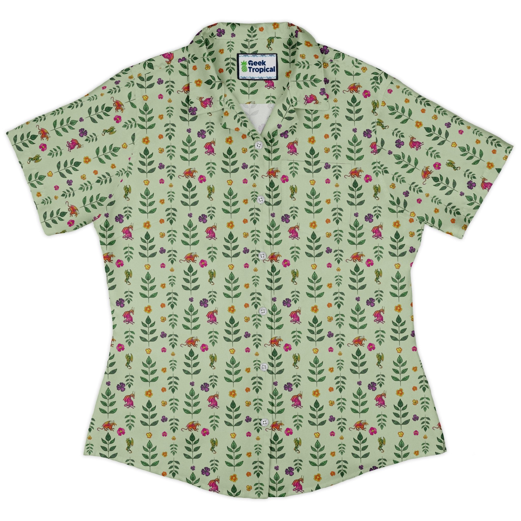 Clearance Ready - to - Ship Garden Dragons Fantasy Curvy Button Up Shirt Geek Nerd All Adult Button Up Shirts Botany Print Clearance