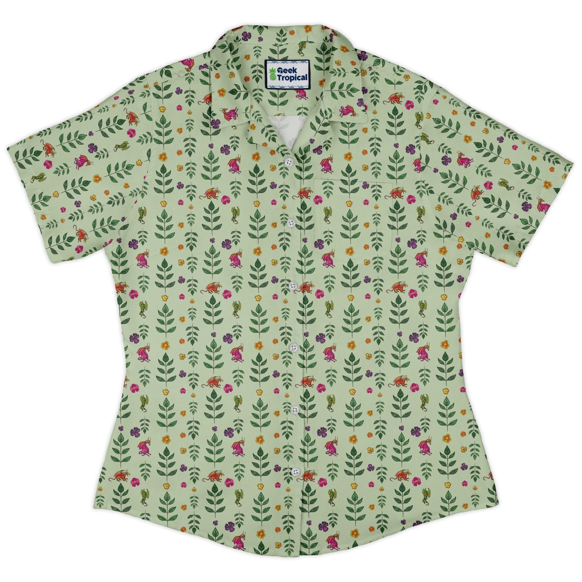 Clearance Ready - to - Ship Garden Dragons Fantasy Curvy Button Up Shirt Geek Nerd All Adult Button Up Shirts Botany Print Clearance