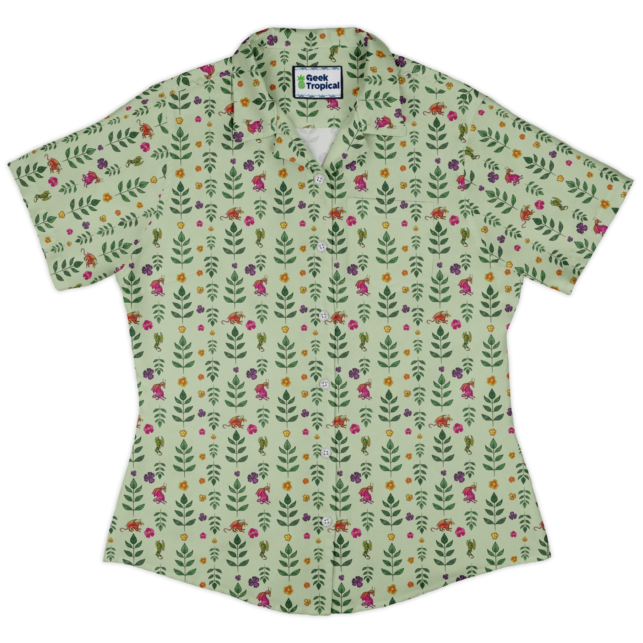 Garden Dragons Fantasy Curvy Button Up Shirt Geek Nerd Designed by Rose Khan Fantasy Prints Tropical Hawaiian Patterns