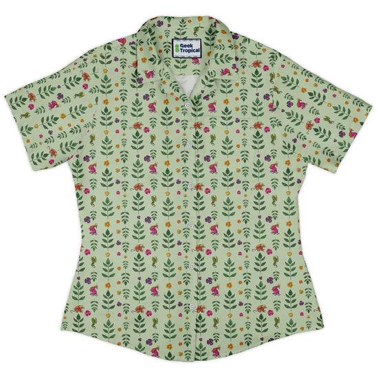 Garden Dragons Fantasy Curvy Button Up Shirt Geek Nerd Designed by Rose Khan Fantasy Prints Tropical Hawaiian Patterns