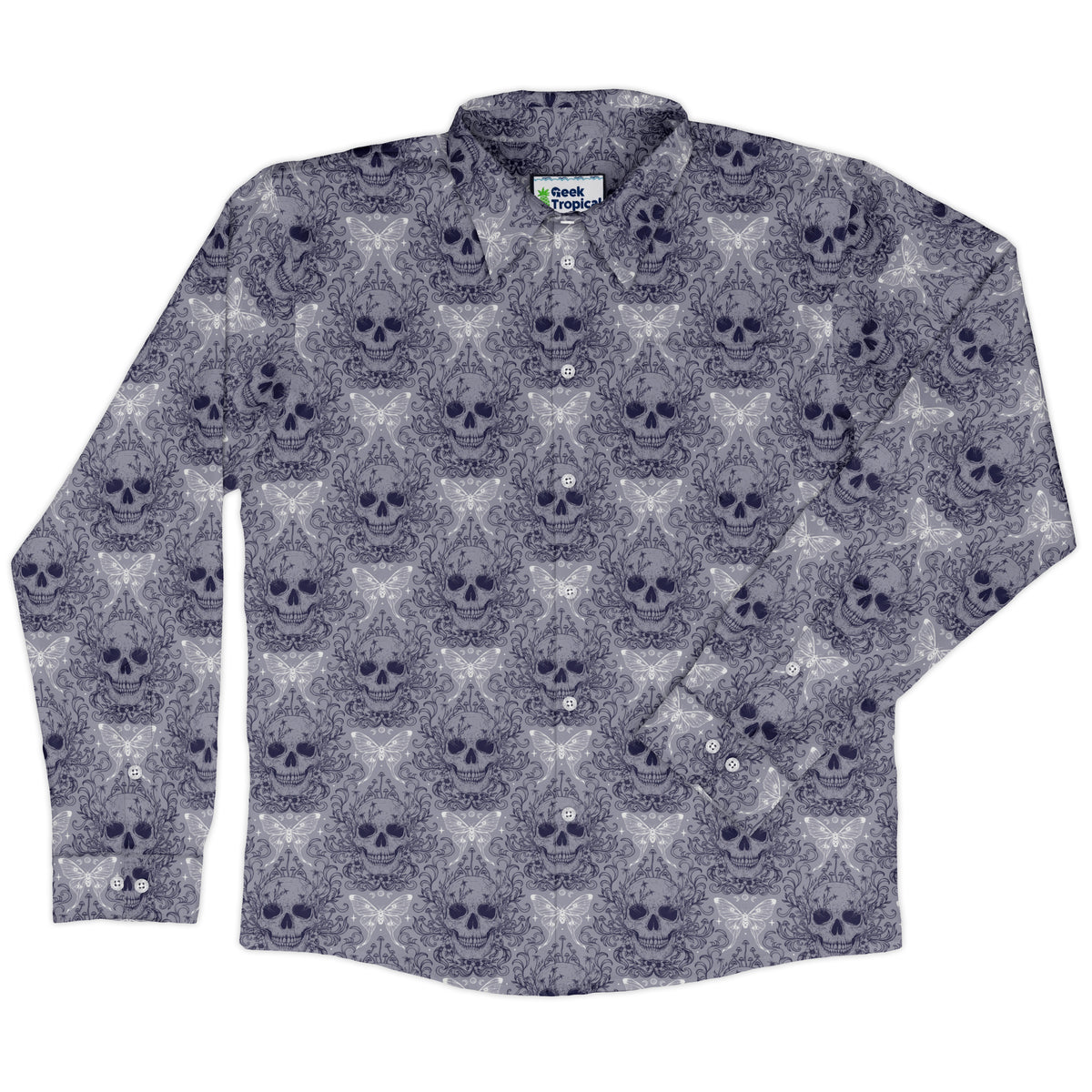 Garden Glow Skull Long Sleeve Button Up Shirt front