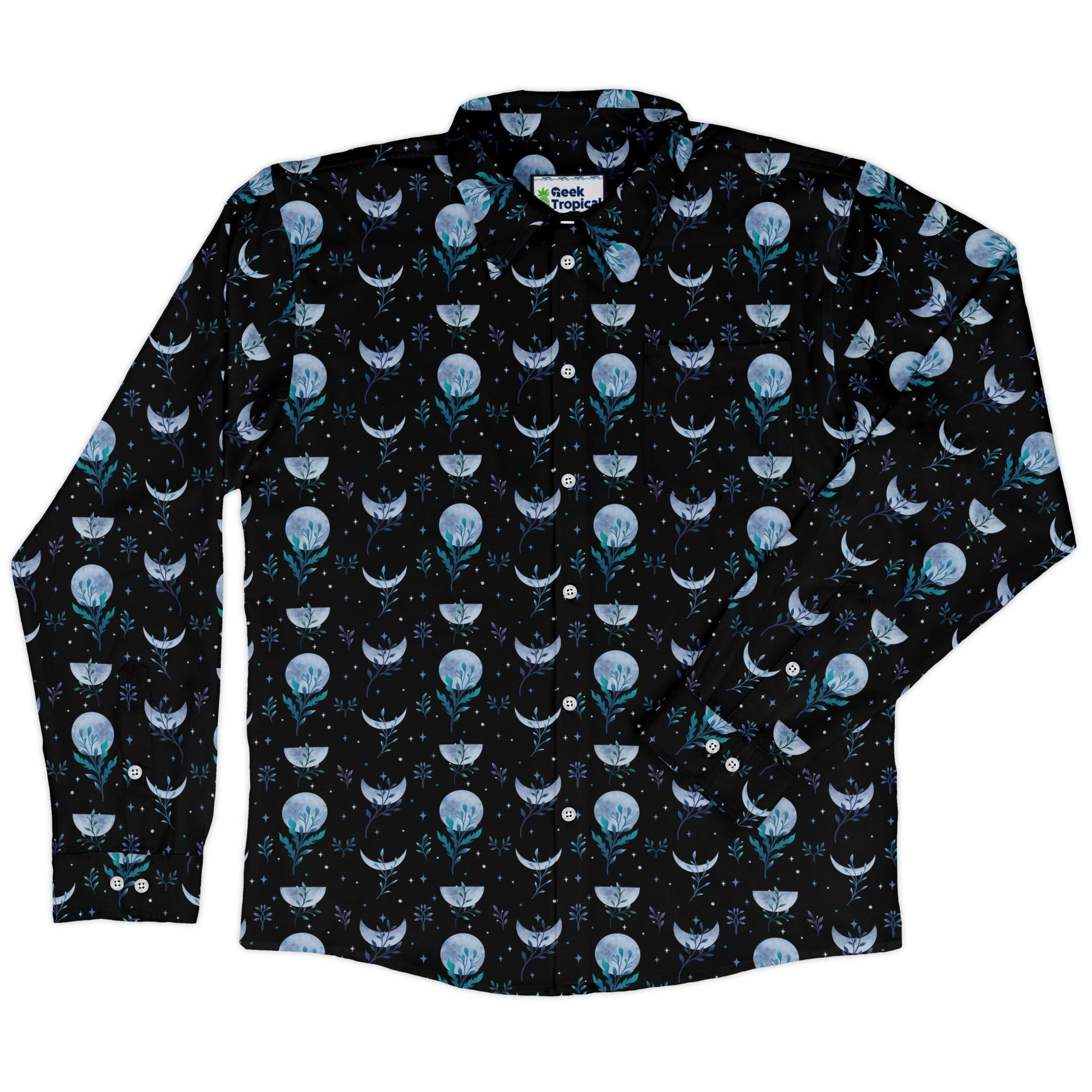 Garden Phase Long Sleeve Button Up Shirt Geek Nerd adult sizing Botany Print Design by Episodic