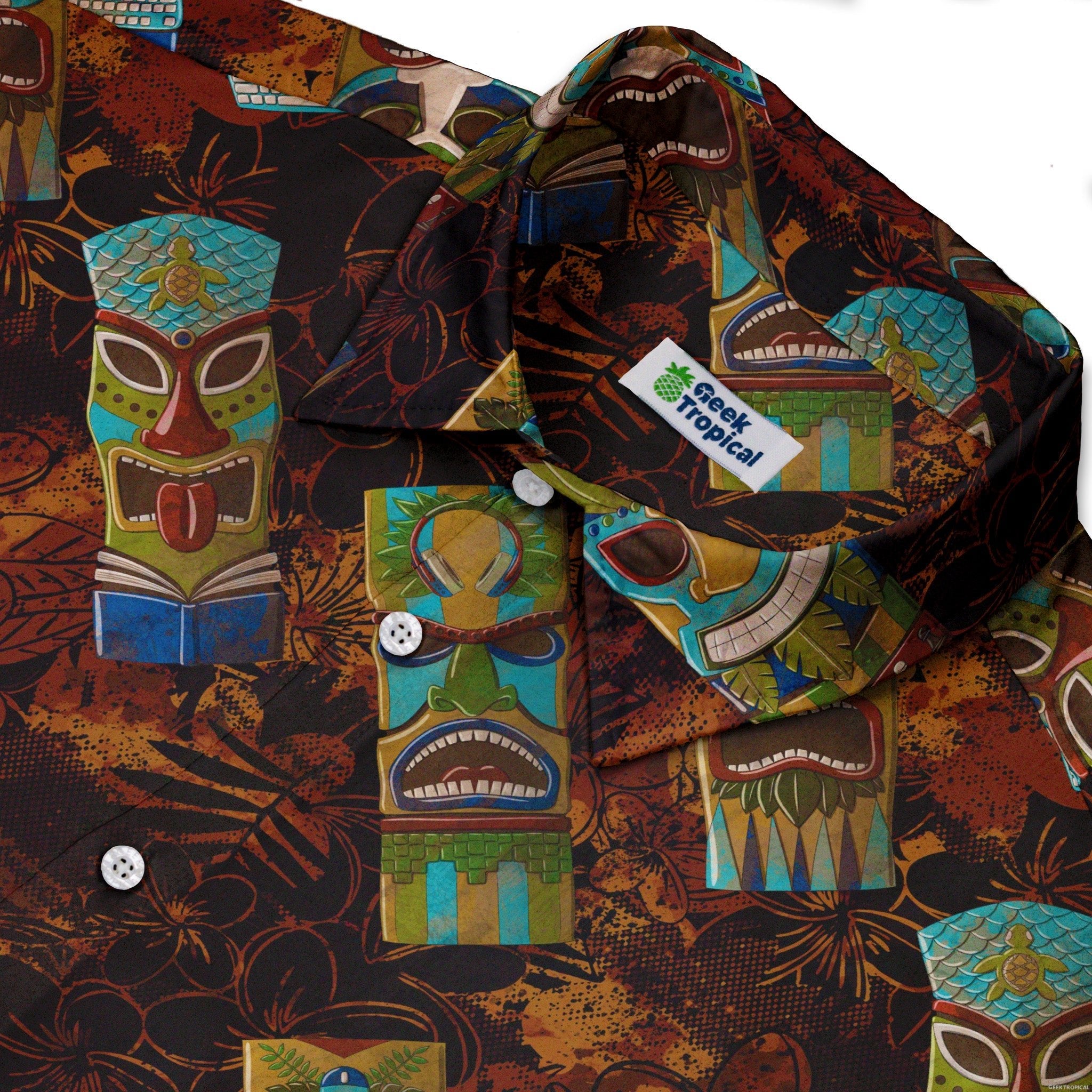 Geek Tiki Masks Burnt Red Button Up Shirt - adult sizing - board game print - computer print