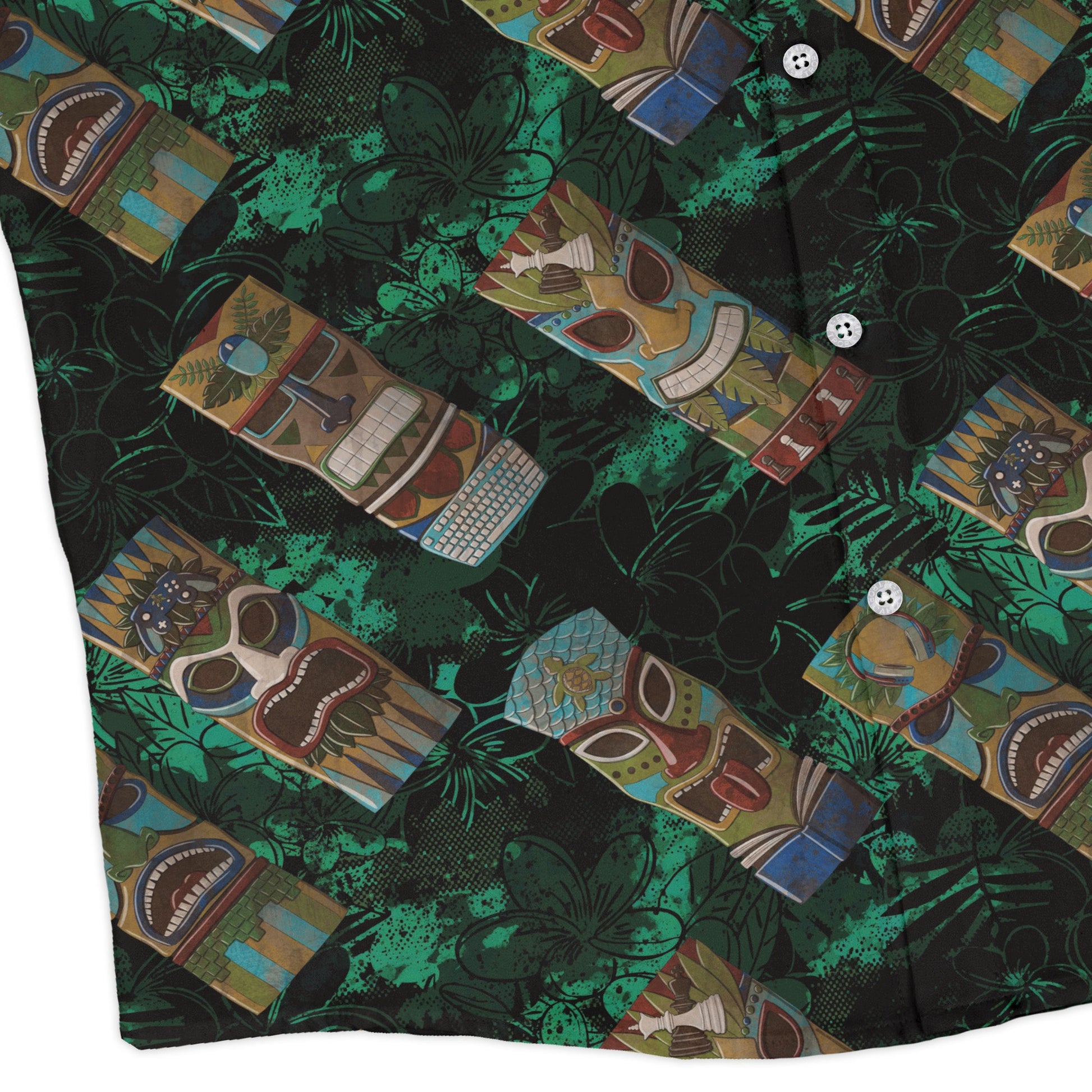 Geek Tiki Masks Dark Green Long Sleeve Button Up Shirt Geek Nerd adult sizing board game print computer print