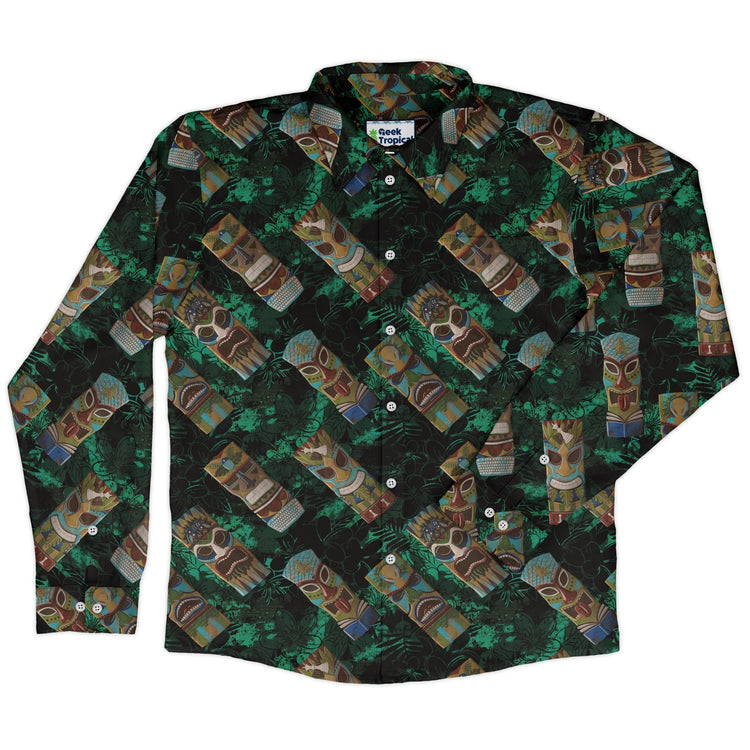 Geek Tiki Masks Dark Green Long Sleeve Button Up Shirt Geek Nerd adult sizing board game print computer print