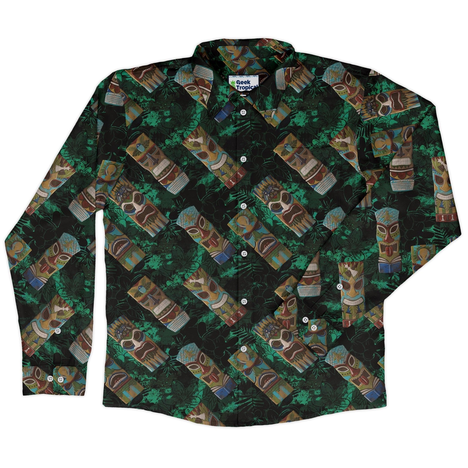 Geek Tiki Masks Dark Green Long Sleeve Button Up Shirt Geek Nerd adult sizing board game print computer print